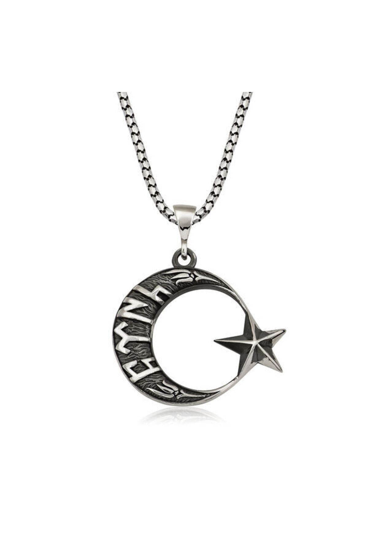 shop Ay Yıldız Göktürkçe Yazılı 925 Ayar Gümüş Erkek Kolye