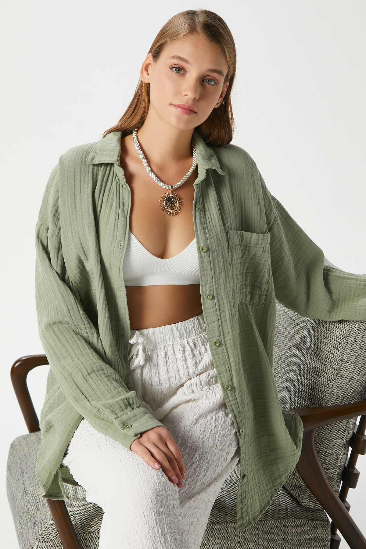 Ritnice  Kadın Tilda %100 Pamuk Müslin Oversize Haki Gömlek - Görsel 2