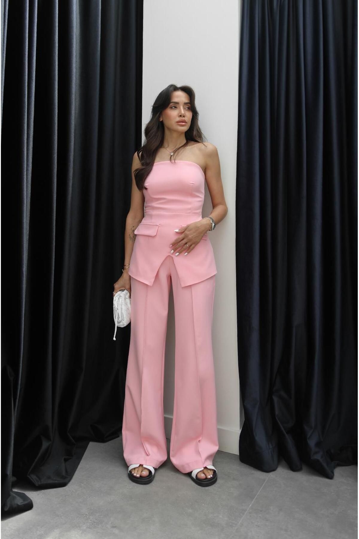 Havoş Pembe Servitto Straplez Pantolon Takım