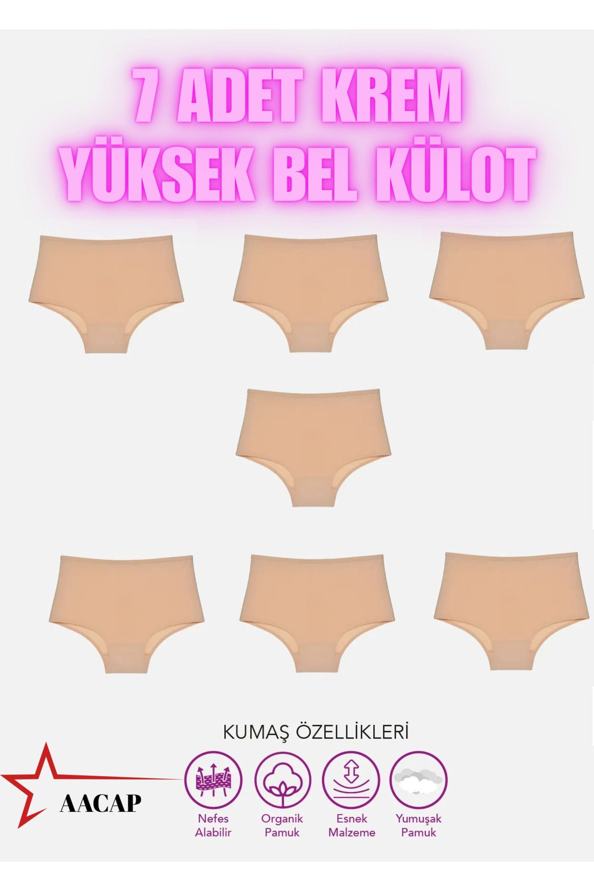 AACAP Yüksel Bel, Pamuklu ve Likralı Günlük Bato Hipster Kadın Külot 7 Adet
