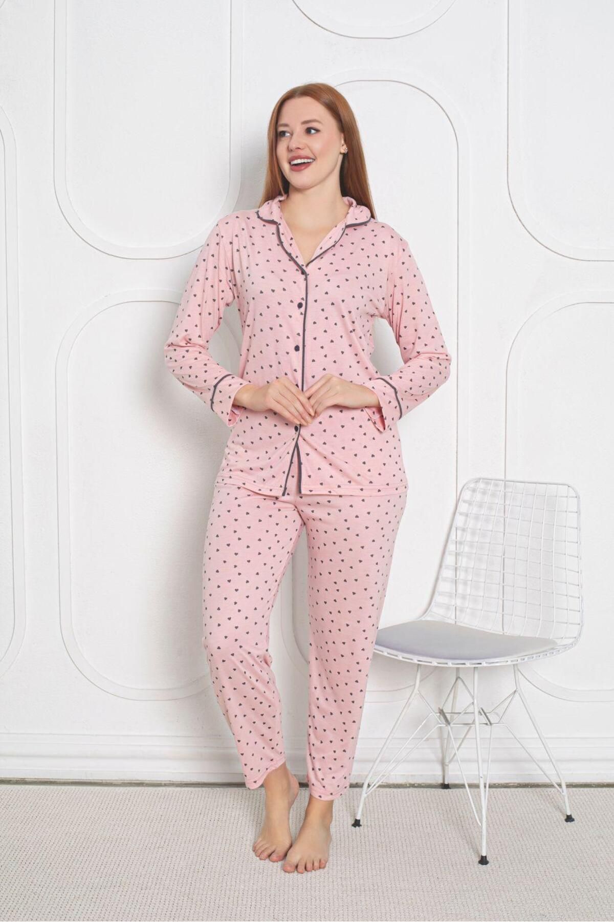 Poji Home SweetHeart Soft – Pembe Kalpli Düğmeli Kadın Pijama Takımı