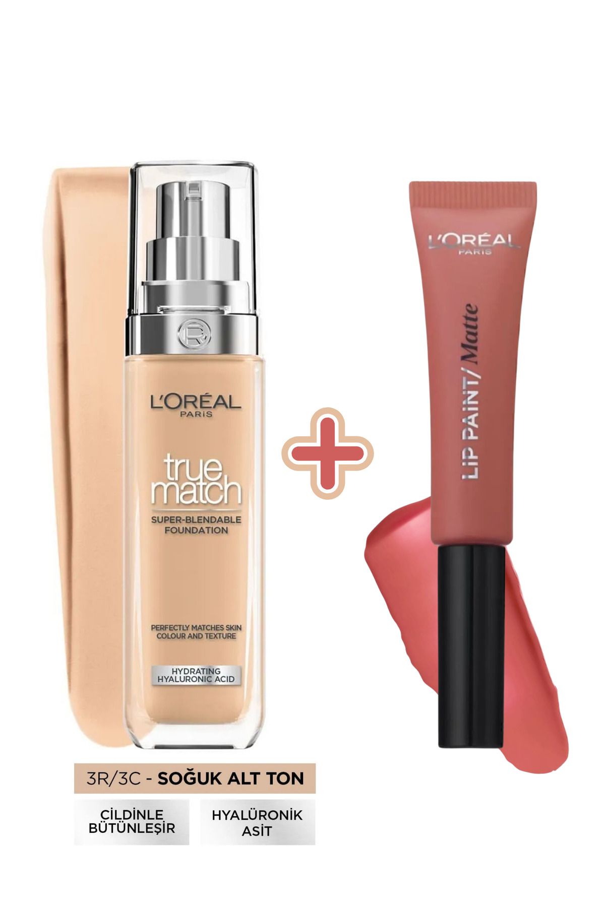 L'Oreal Paris True Match Bakım Yapan Fondöten - 3C Soğuk Alt Ton + Likit Mat Ruj - Infaillible Lip Paint Matte 201