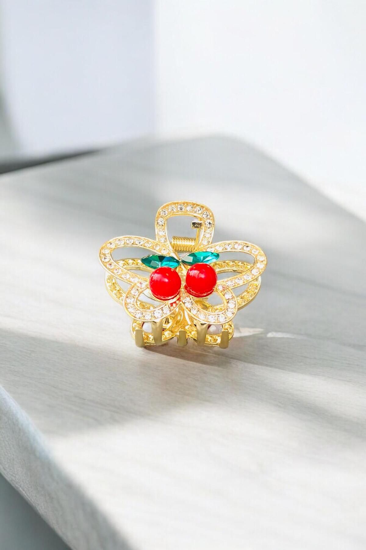 AYMETA Kadın Gold Zirkon Taşlı Kiraz Detaylı Metal Toka ( 4,5 Cm )