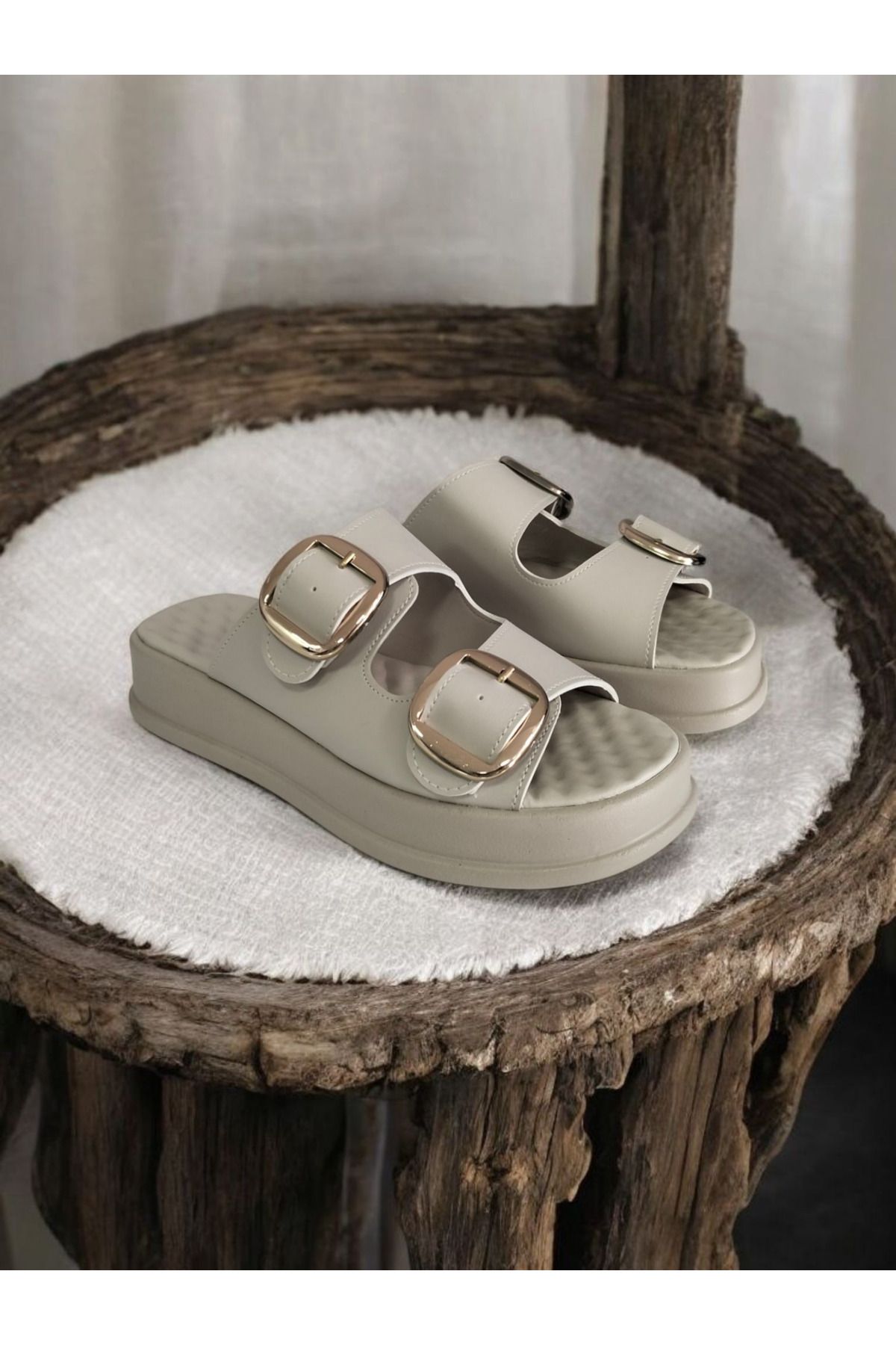 Shoes Kemerli krem mat terlik