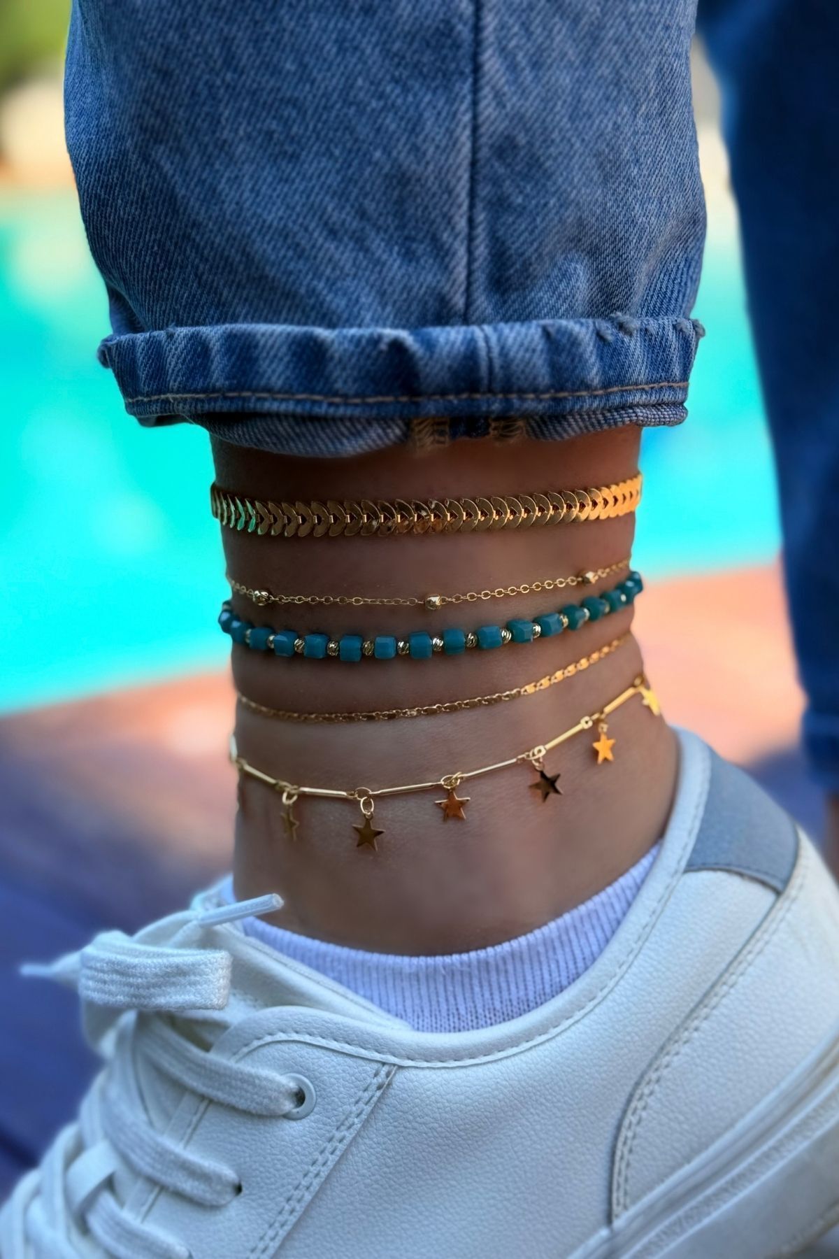 Trendy Butik Parlayan 5'li Halhal Seti - 07 Gold-Bebe Mavisi Kristal