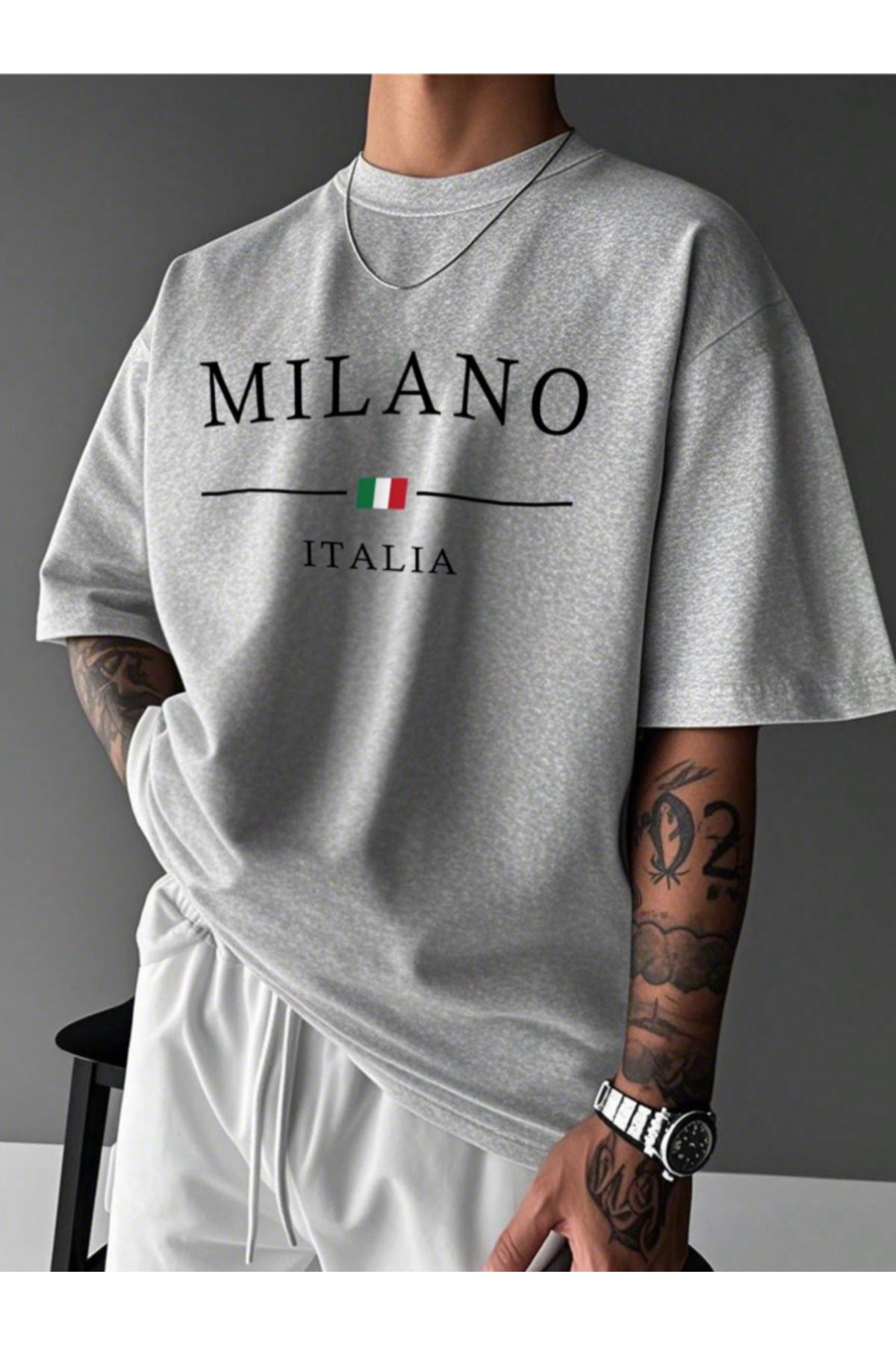 Tarzsokak Unisex Erkek/Kadın MILANO Özel Baskılı Oversize Pamuklu Bisiklet Yaka