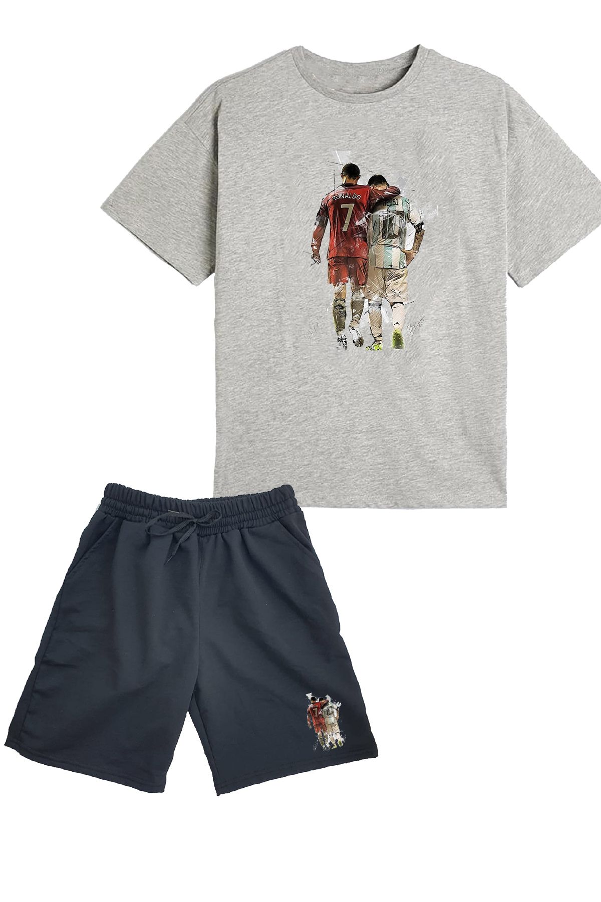 makiteks 2'li Set Baskılı Erkek Çocuk Pamuk Şort Tshirt Takım Futbol 5 6 7 8 9 10 11 12 13 14 yaş Tişört