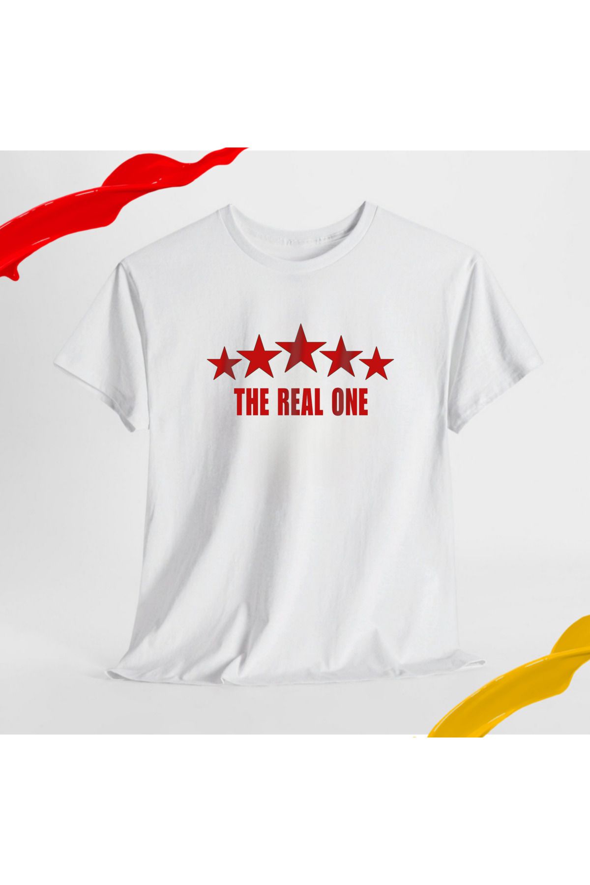 SARI THE REAL ONE YAZILI 5 YILDIZ TEMALI TSHIRT %100 PAMUK