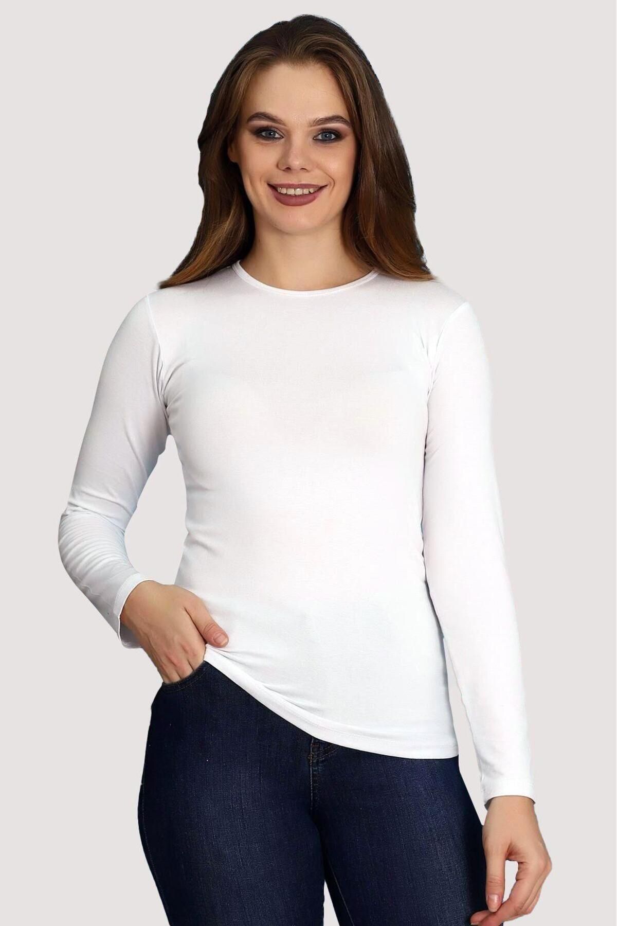 NUR TEKSTİL kadın beyaz pamuklu penye uzun kol body