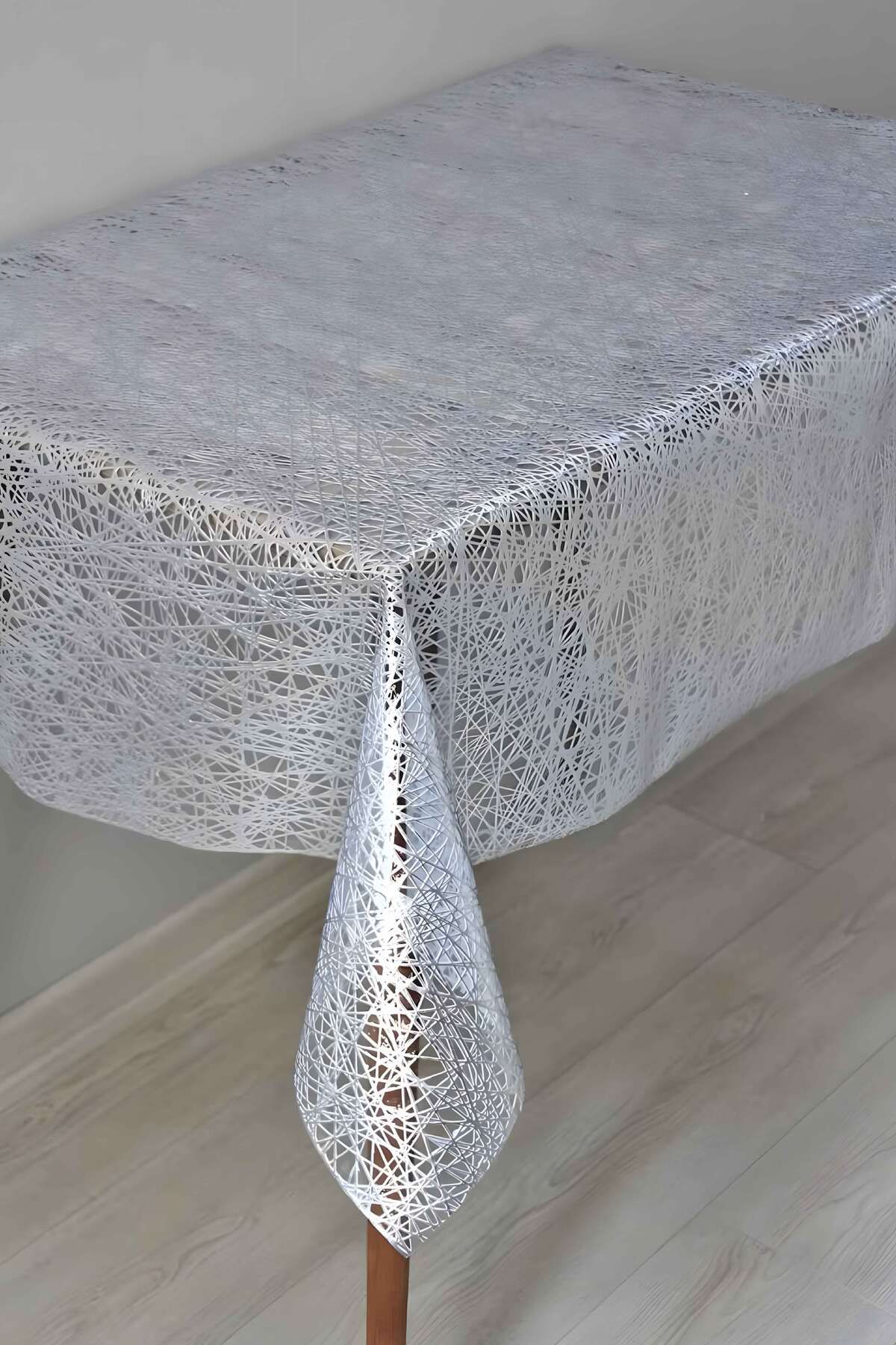 Rona Home Pvc Şeffaf Kaplamalı İp Desenli Masa Örtüsü Gümüş Silinebilir Hasır LÜX Muşamba Sofra Bezi