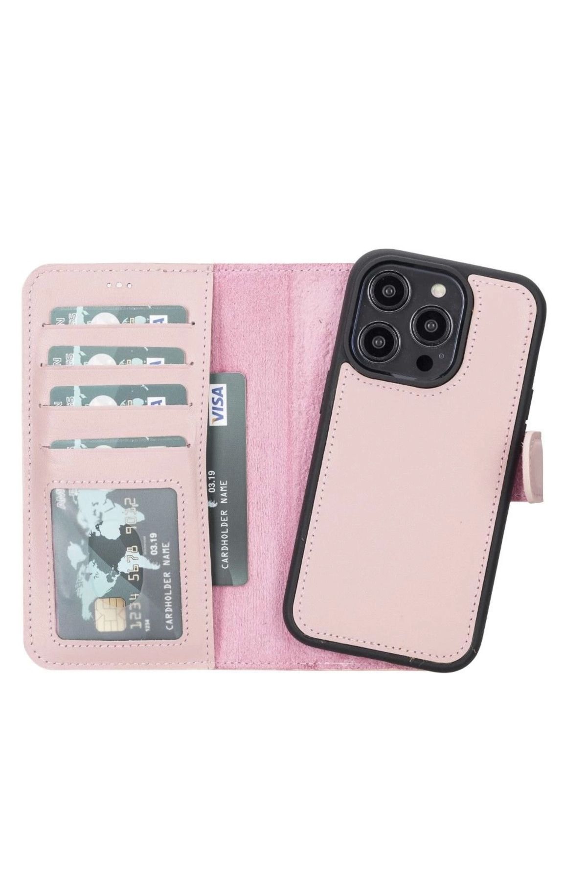 Angoravi Apple iPhone 14 Pro Uyumlu Deri Cüzdanlı Kılıf MWWN NU2 Pembe