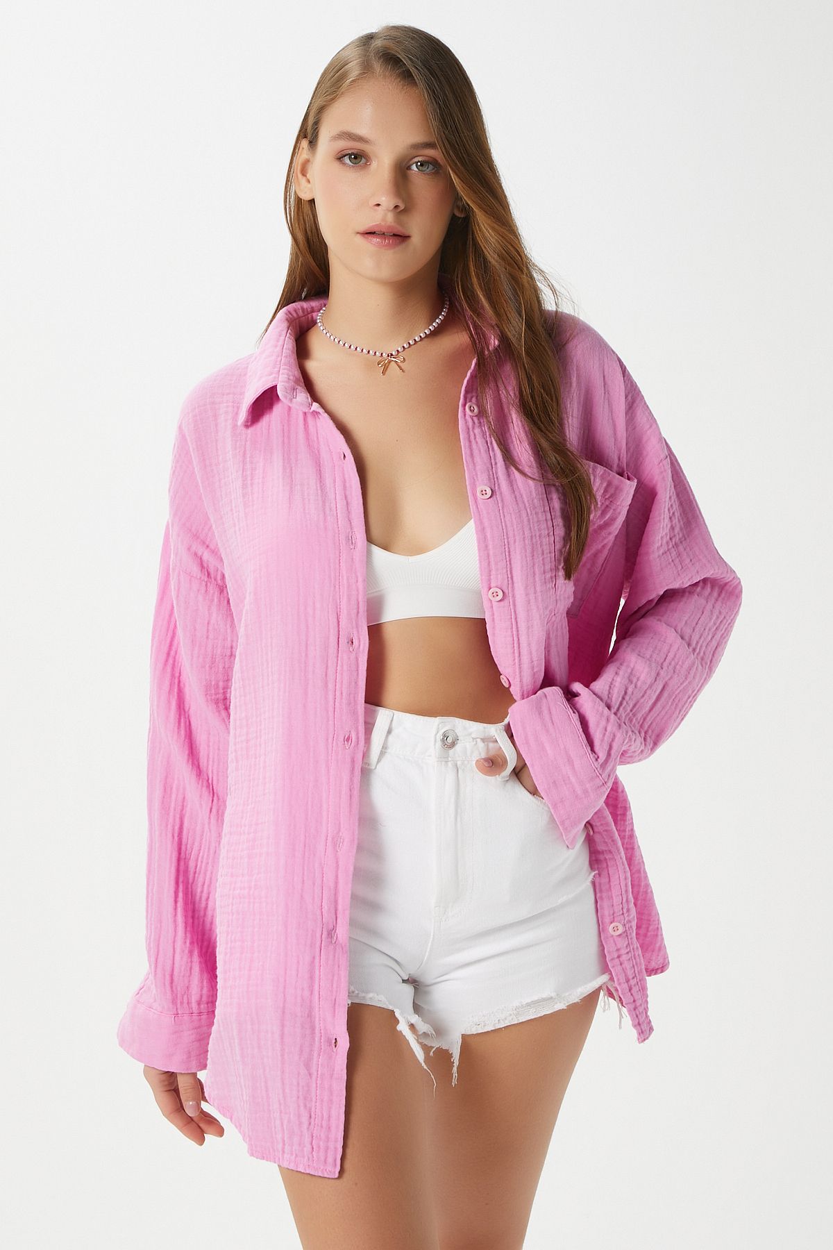 Ritnice Kadın Tilda %100 Pamuk Müslin Oversize Pembe Gömlek