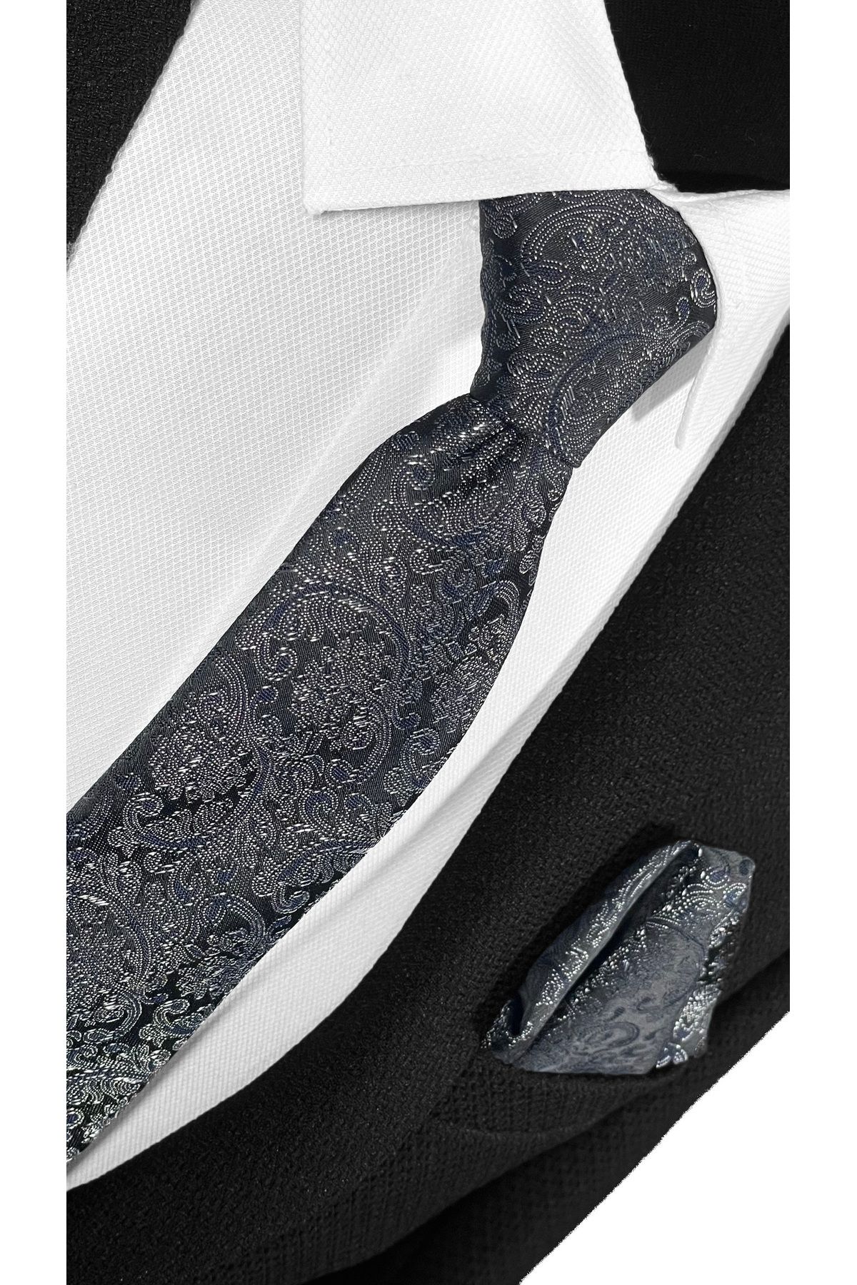 BLC Basic Line Co.-Microfiber Tie and Handkerchief Set with Navy Shawl Pattern on Black Background - 7 cm Modern Cut 4