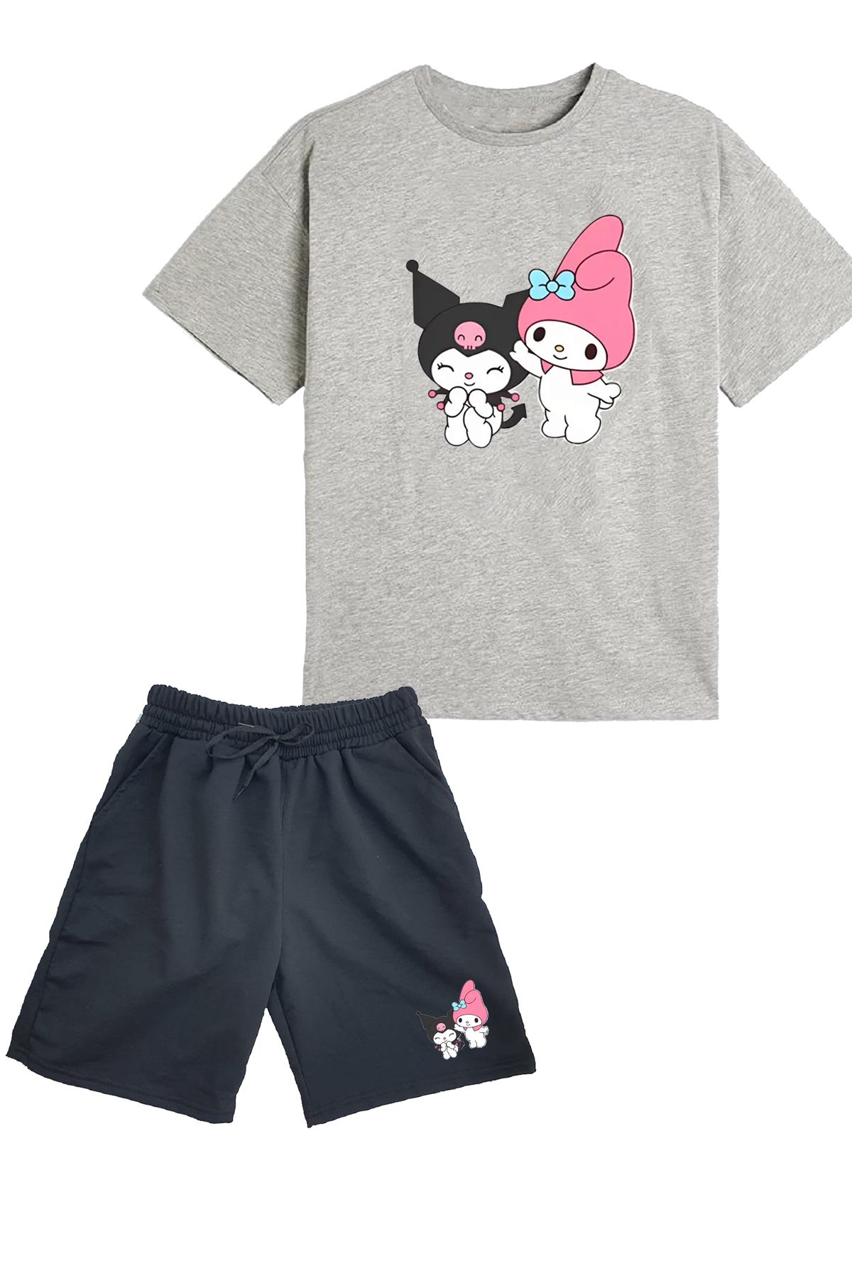 makiteks 2'li Set Baskılı Kız Çocuk Pamuk Şort Tshirt Takım Kuromi 5 6 7 8 9 10 11 12 13 14 yaş Tişört