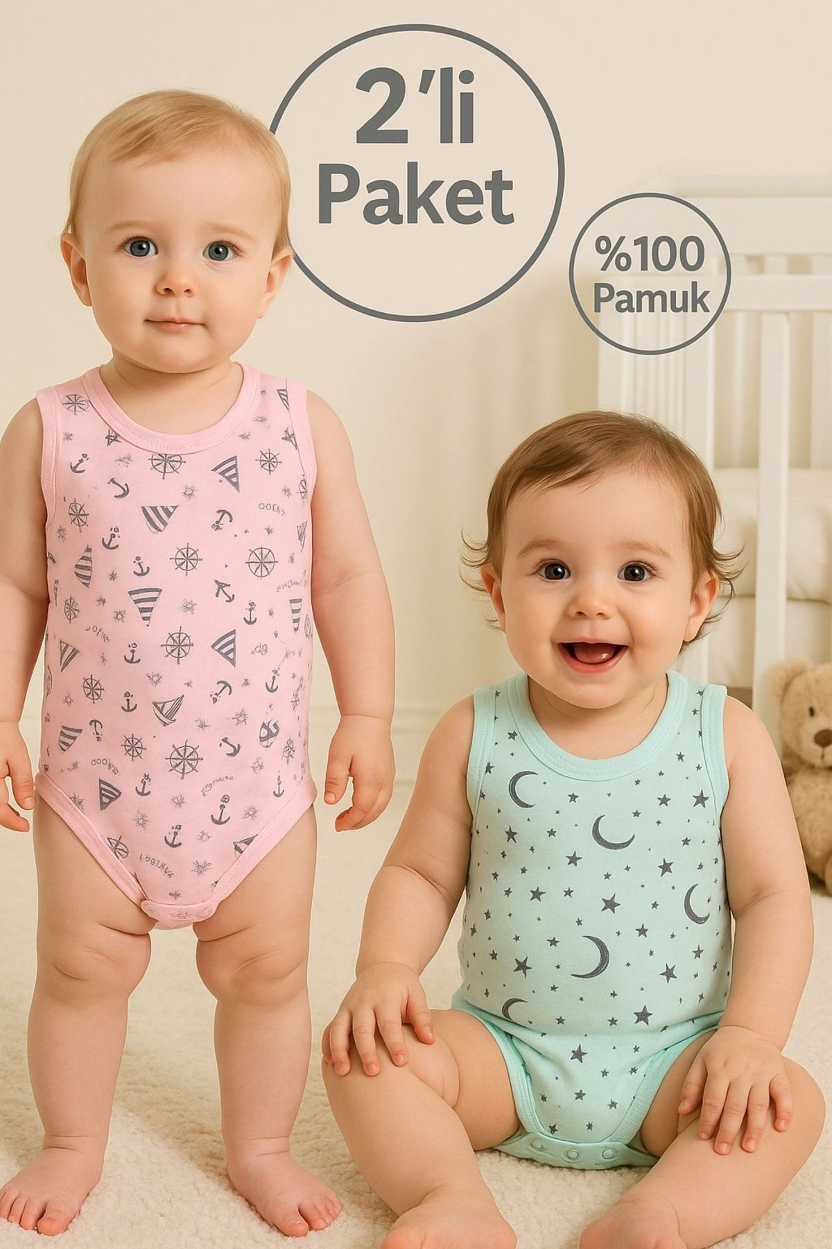 Babydonat Yelken Desenli 2'li Paket % 100 Pamuk Kız Bebek Askılı Body Seti