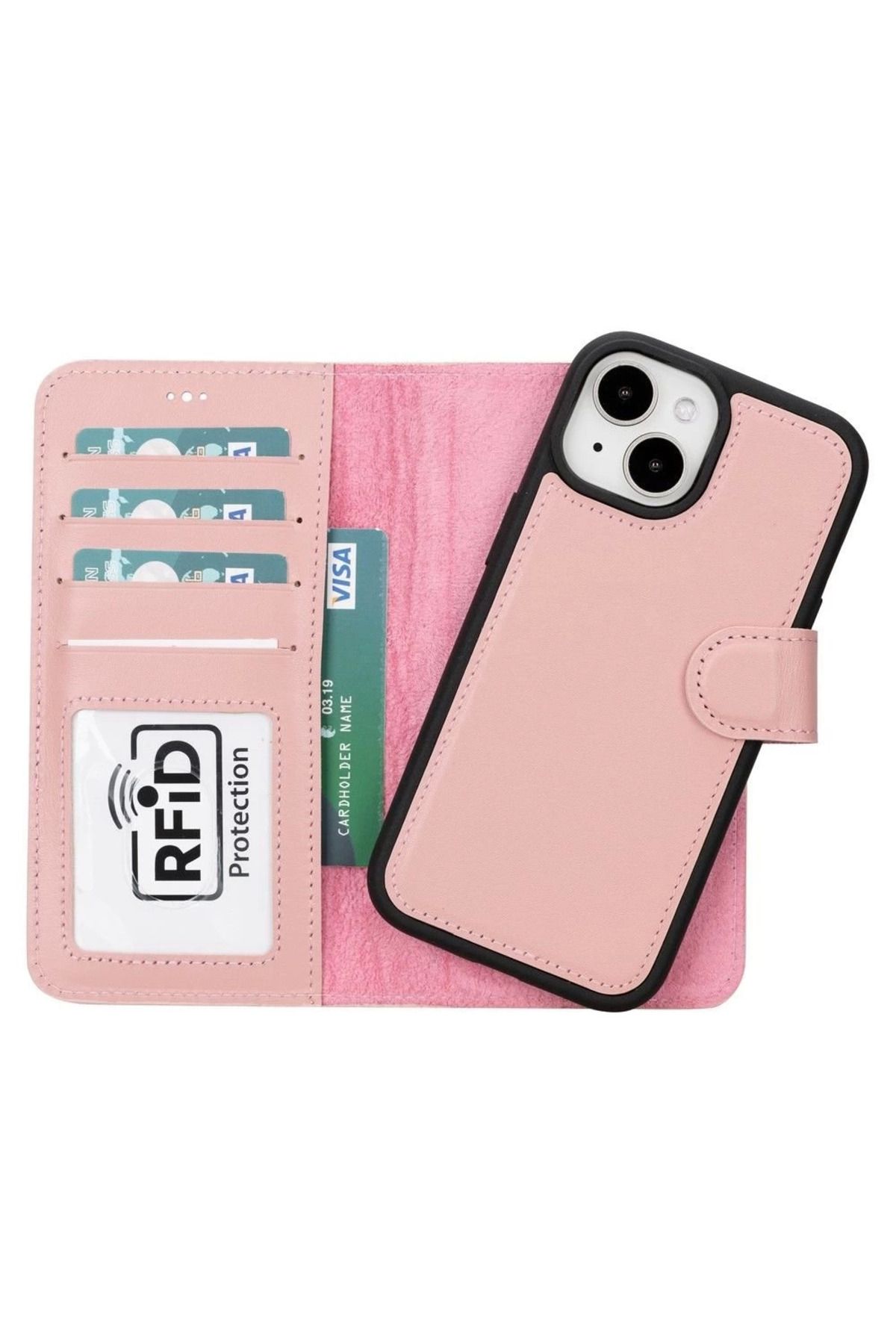 Angoravi Apple iPhone 15 Uyumlu Deri Cüzdanlı Kılıf MWWN NU2 Pembe