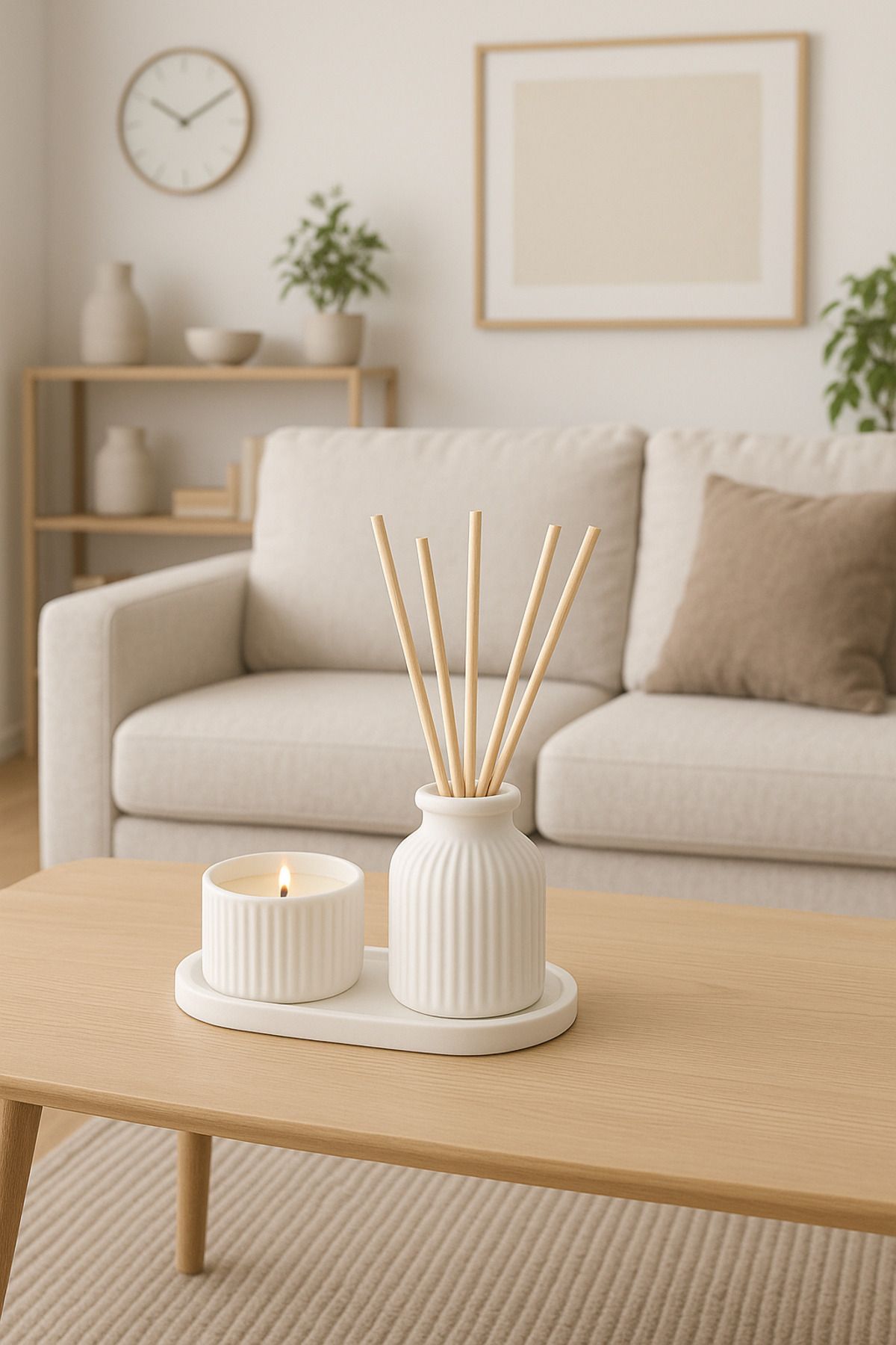 Arteliss İskandinav Bohem Tarzı Bambu Çubuklu Premium Lavanta Kokulu Kalpli Ahşap Fitilli Mum Dekoratif Set