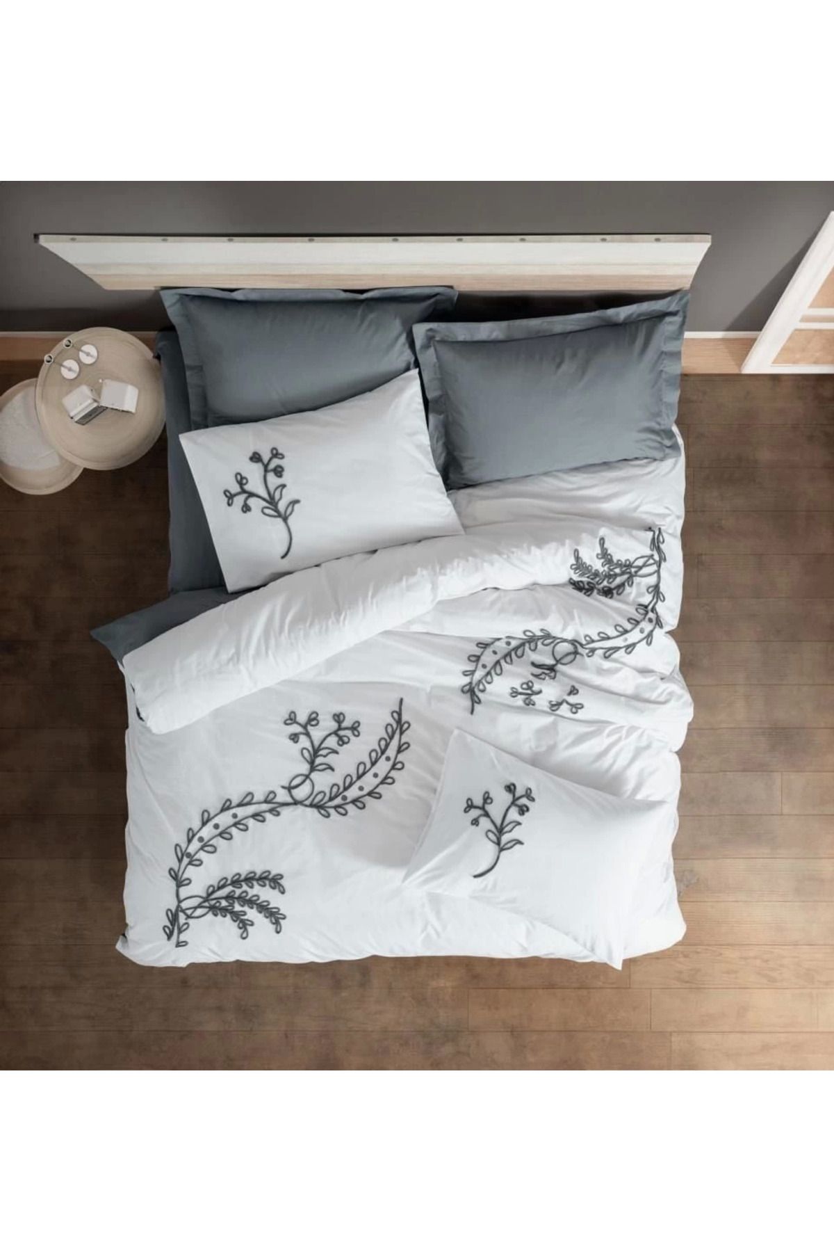 ÖYKÜ VE YİĞİT Cotton Box Brode Ranforce Çift Kişilik Nevresim Takımı İvy Gri