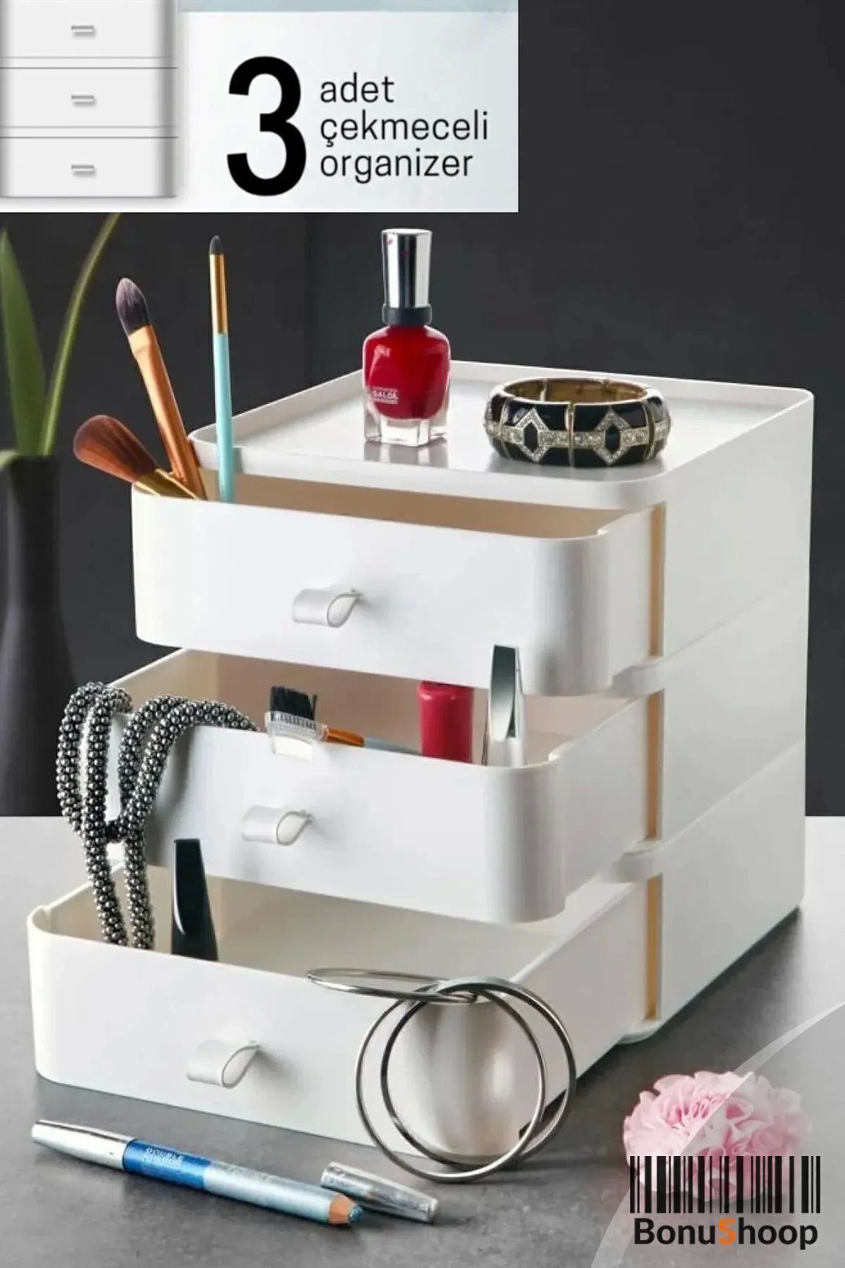 AC BOX-Drawer Organizer 3 Tiers Multi-Purpose Makeup Organizer Desktop Organizer Drawer White 2