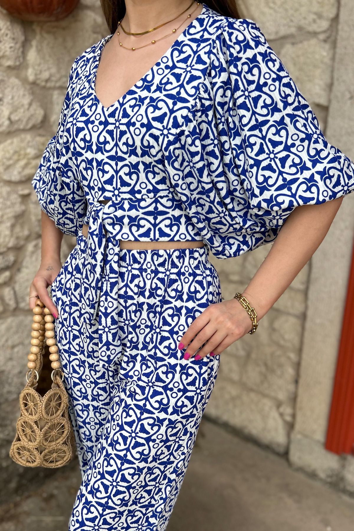 Mila-Blue Patterned Blouse Pants Set 3