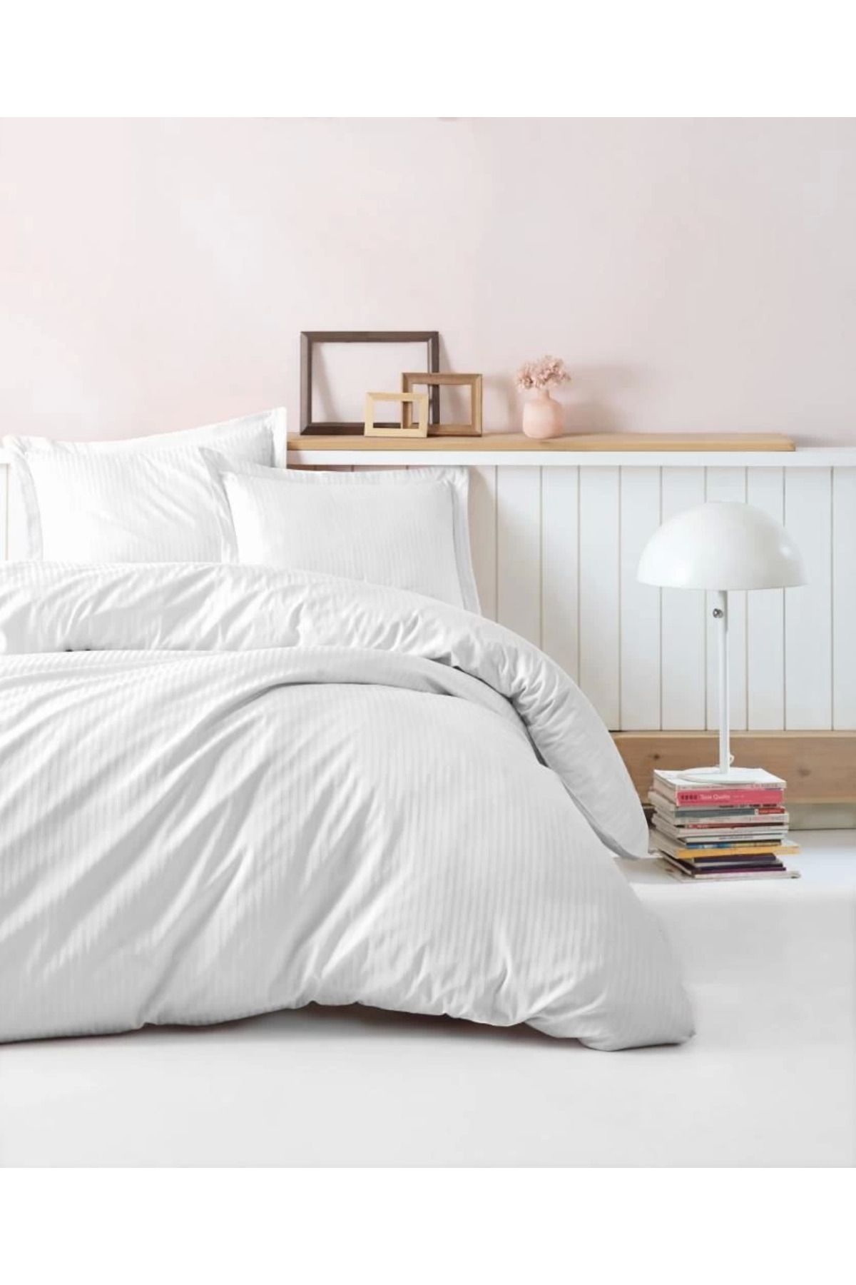 MELFSHOP Cotton Box Çift Kişilik Saten Nevresim Takımı Elegante Stripe Beyaz