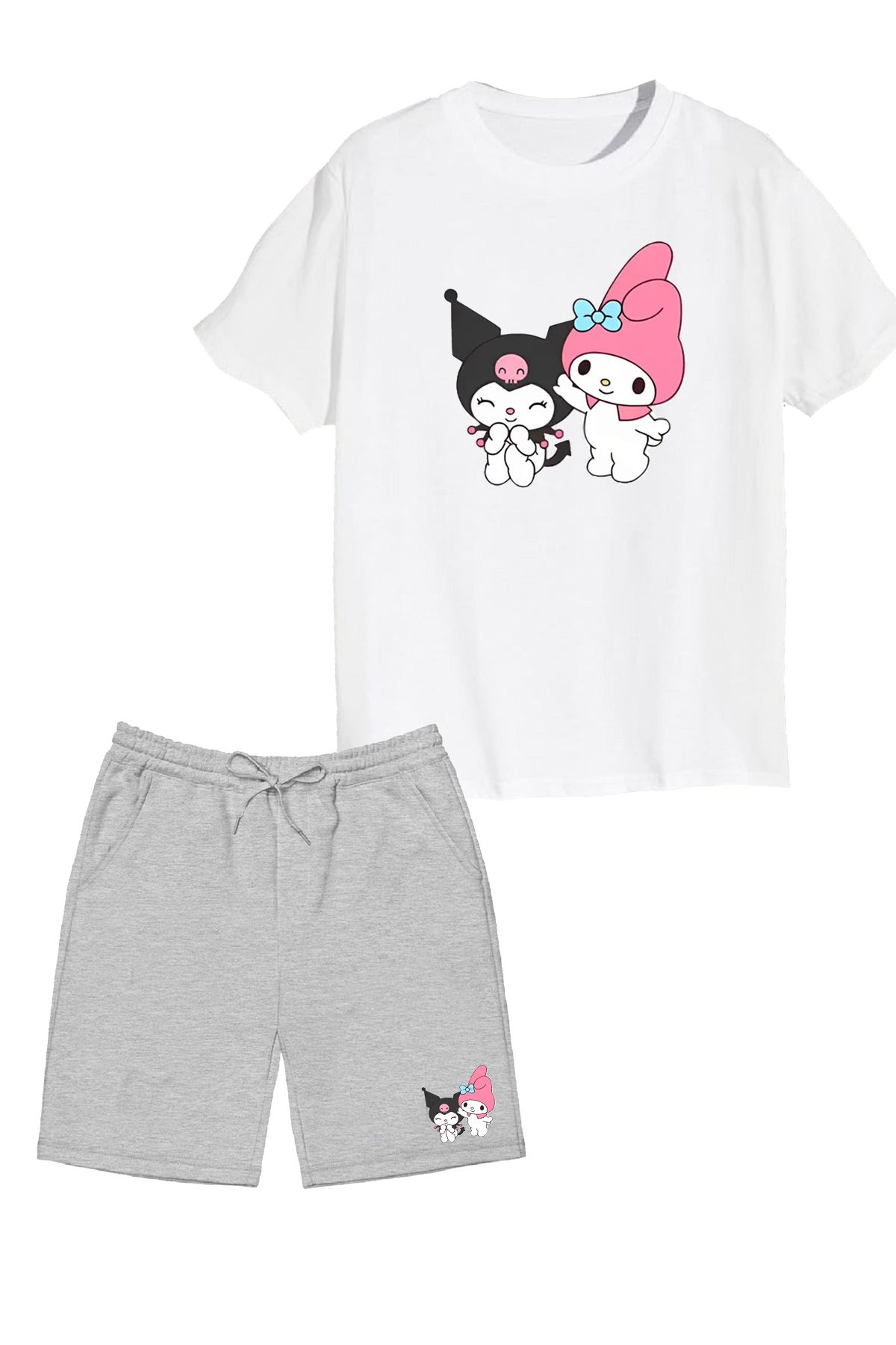 makiteks 2'li Set Baskılı Kız Çocuk Pamuk Şort Tshirt Takım Kuromi 5 6 7 8 9 10 11 12 13 14 yaş Tişört