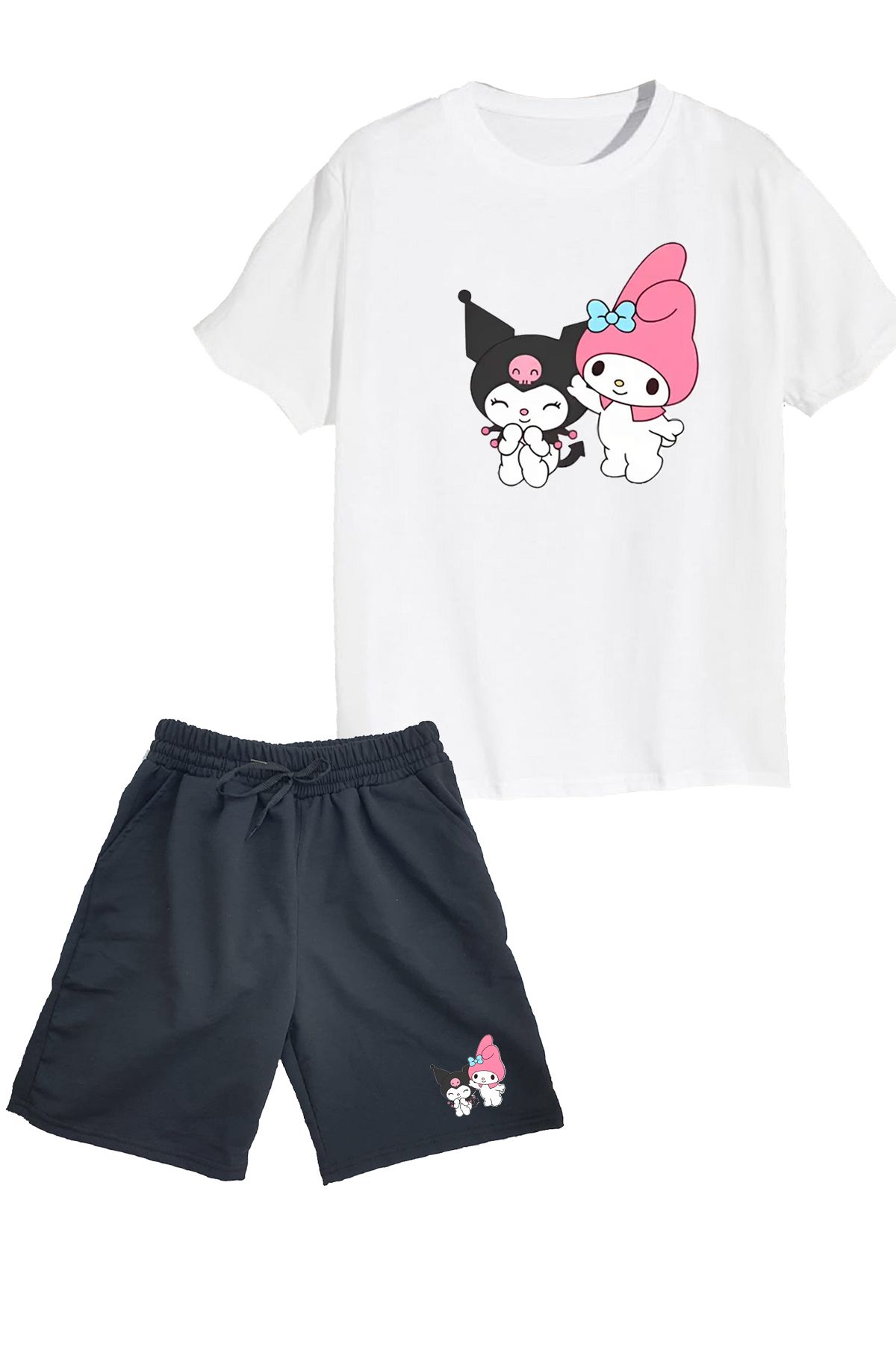makiteks 2'li Set Baskılı Kız Çocuk Pamuk Şort Tshirt Takım Kuromi 5 6 7 8 9 10 11 12 13 14 yaş Tişört
