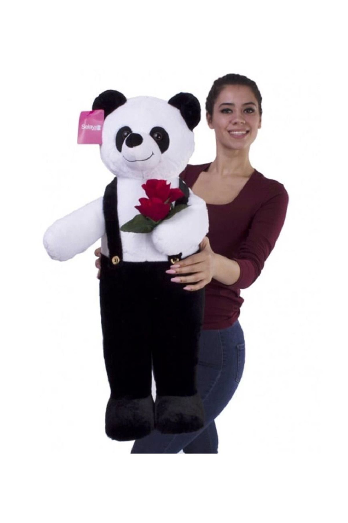 DENİZBİLİŞİM 75 Cm Siyah Çiçekli Tulumlu Ayakta Duran Sevimli Peluş Ayıcık