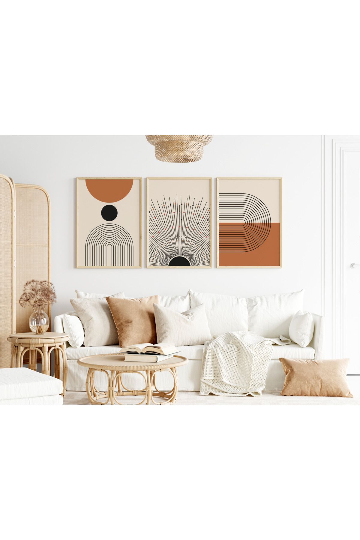 Pi Dekorasyon Modern 3'lü Tablo Seti - Minimalist Soyut Çizgiler - Brown Wall Art - BH2014