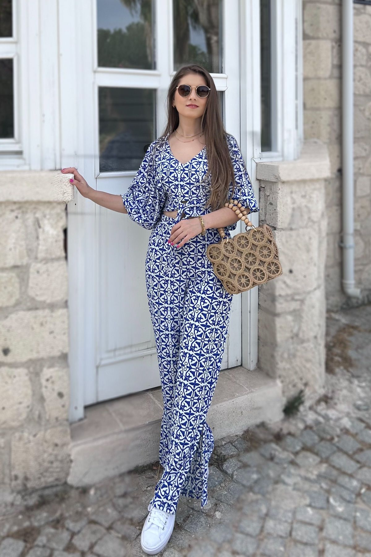 Mila-Blue Patterned Blouse Pants Set 1
