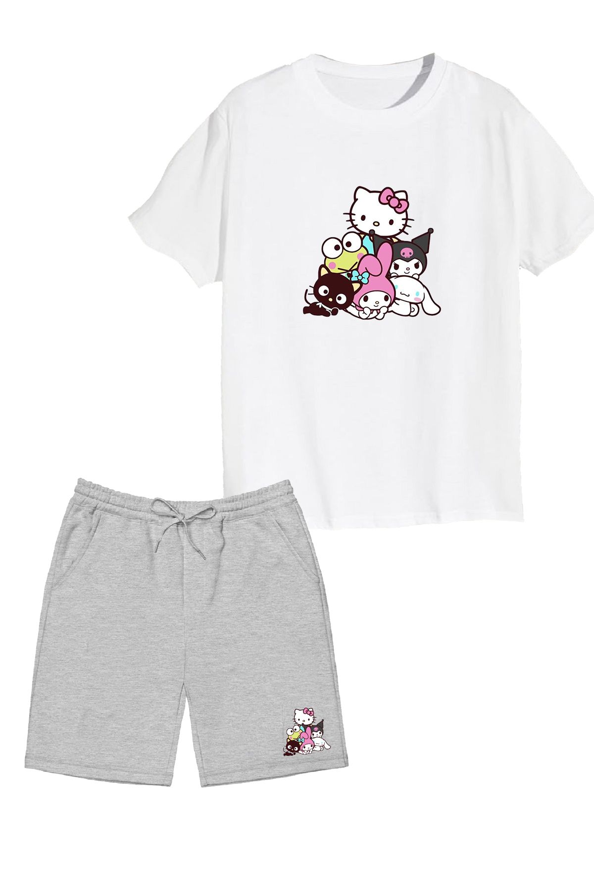 makiteks 2'li Set Baskılı Kız Çocuk Pamuk Şort Tshirt Takım Kuromi HKitty 5 6 7 8 9 10 11 12 13 14 yaş Tişört
