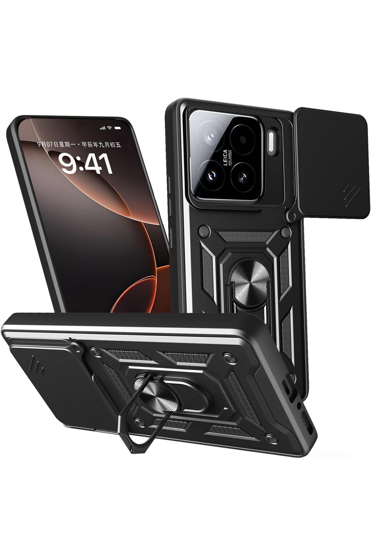 Rivor Xiaomi Mi 15 Uyumlu Kılıf Kamera Sürgülü Standlı Yüzüklü Darbe Emici Zırh Koruyucu Tank Kapak