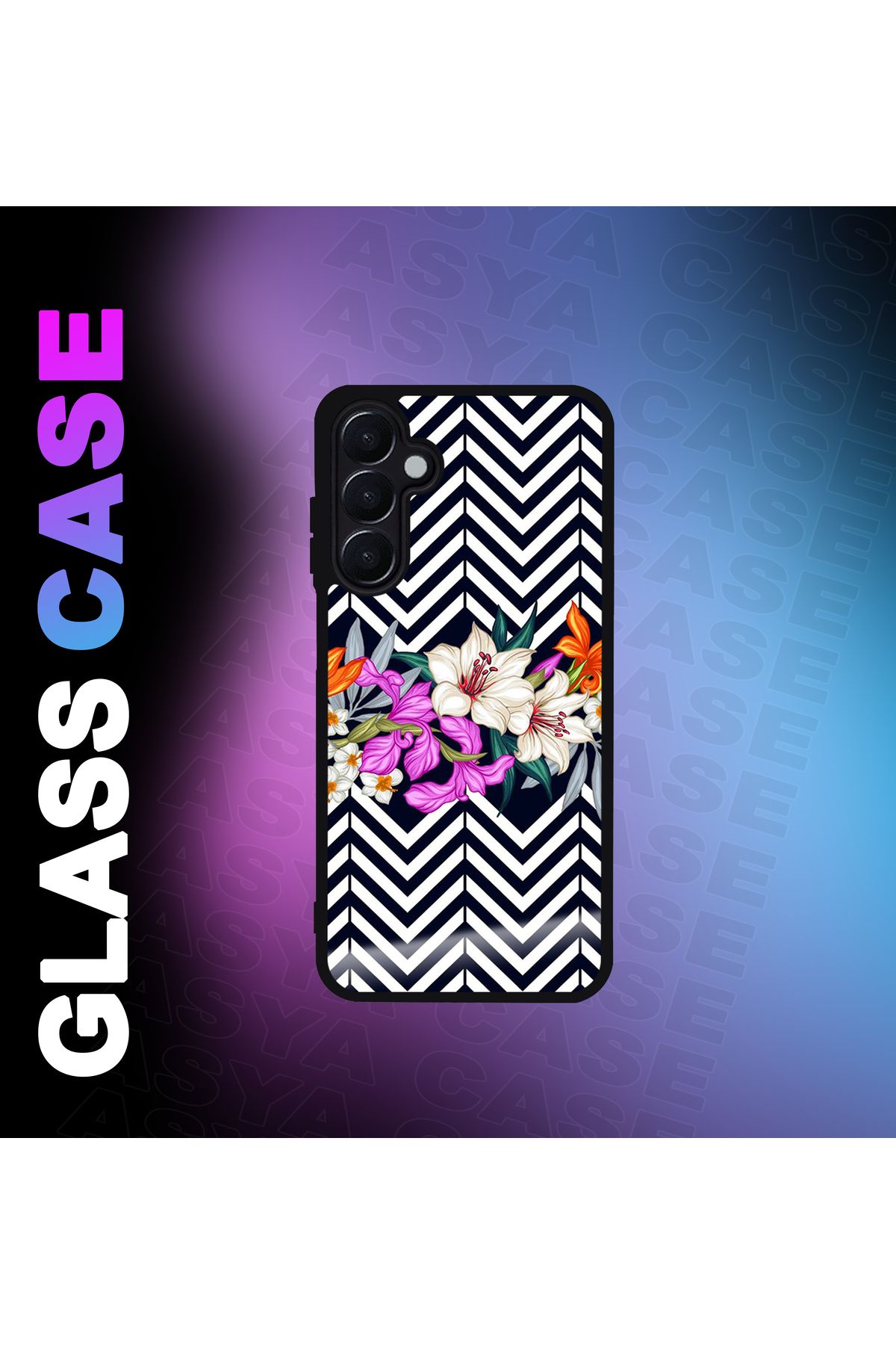 Asya Case Samsung Galaxy A55 5G Kılıf Çiçek Baskılı Telefon Kapağı Siyah Silikon Arka Kapak Koruyucu