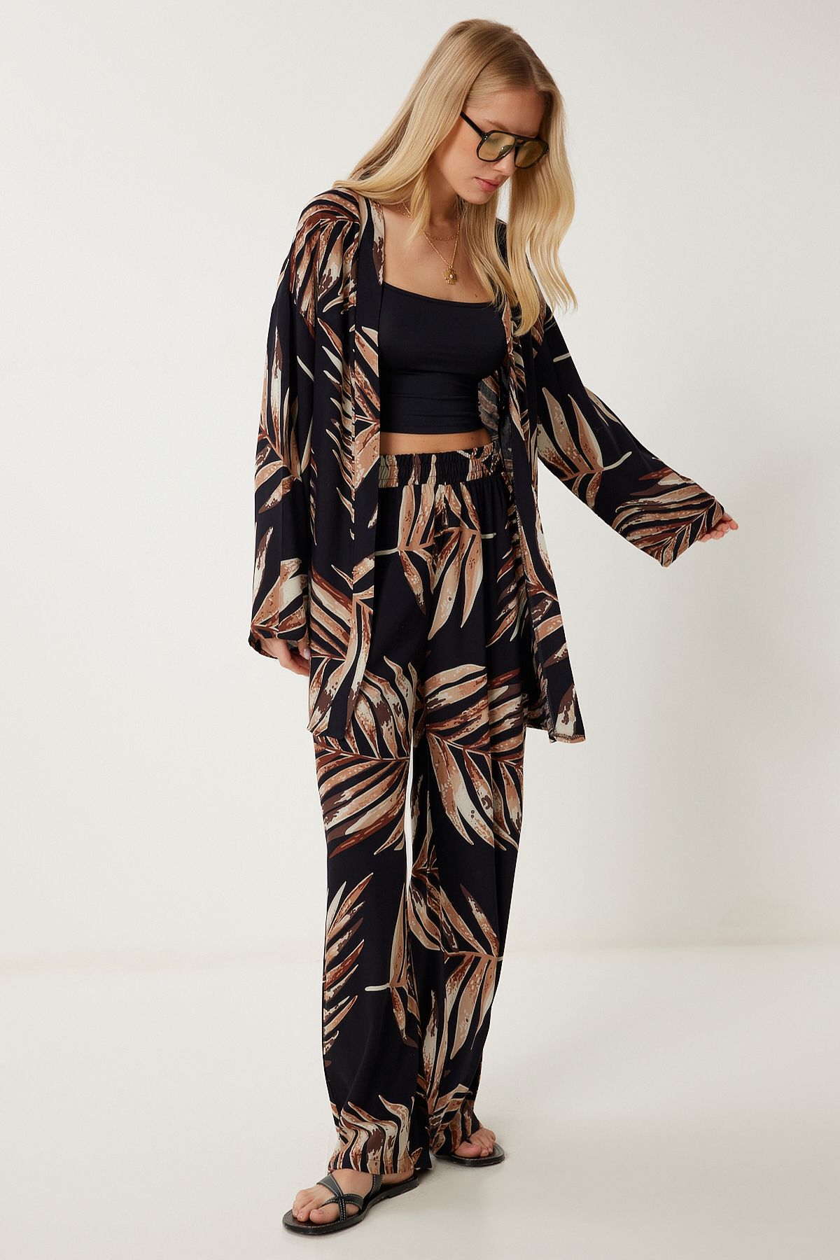 Lovelyİstanbul Desenli Yazlık Viskon Kimono Pantolon Takım SİYAH LJE0003