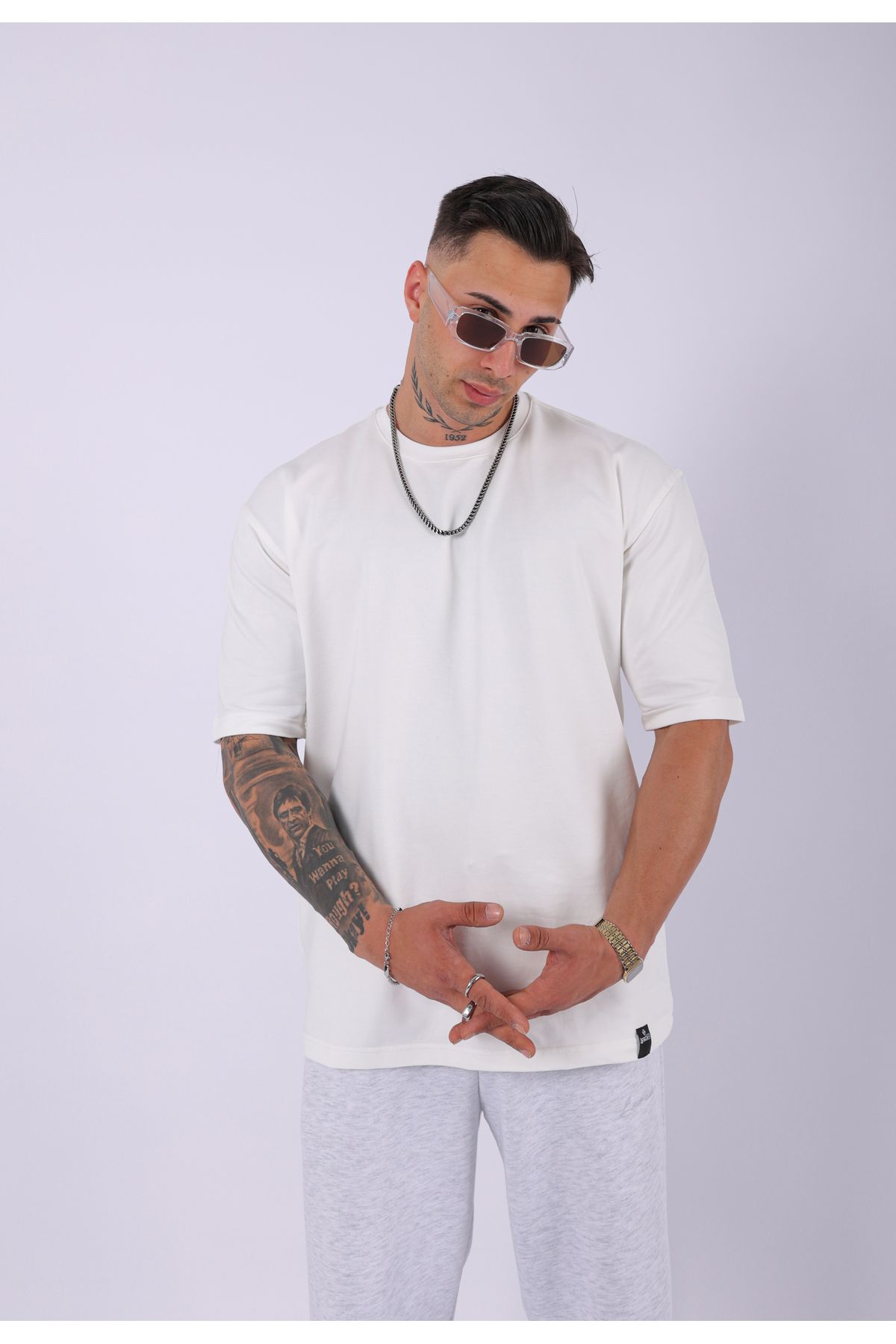 Lescho UNISEX %100 PAMUK OVERSIZE DÜZ T-SHIRT EKRU