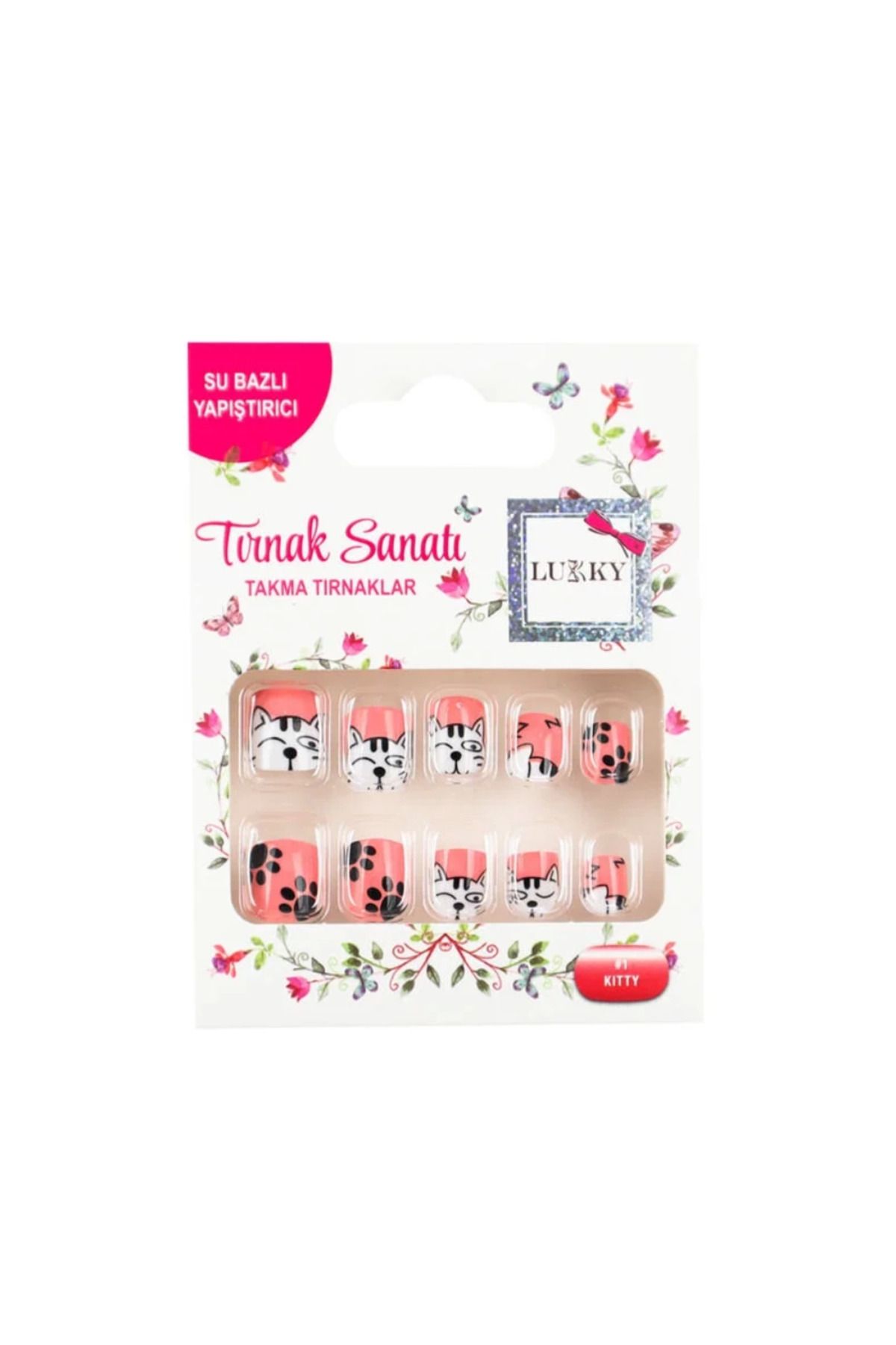 MELFSHOP Lukky Kedi Baskılı Yapışkanlı Takma Tırnak Seti
