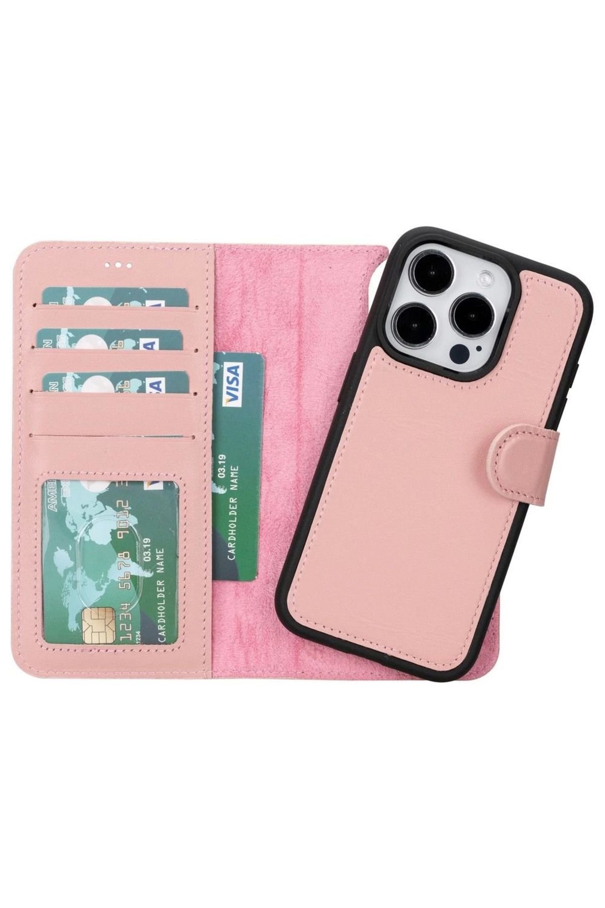 Angoravi Apple iPhone 15 Pro Uyumlu Deri Cüzdanlı Kılıf MWWN NU2 Pembe