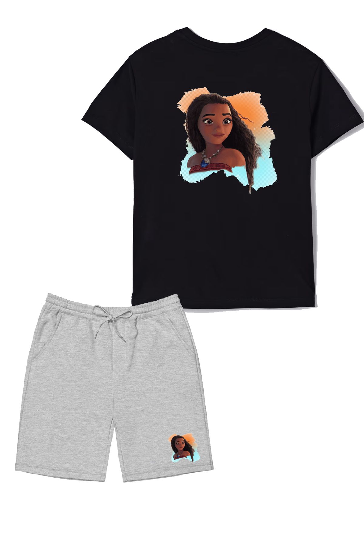 makiteks 2'li Set Baskılı Kız Çocuk Pamuk Şort Tshirt Takım Moana 5 6 7 8 9 10 11 12 13 14 yaş Tişört