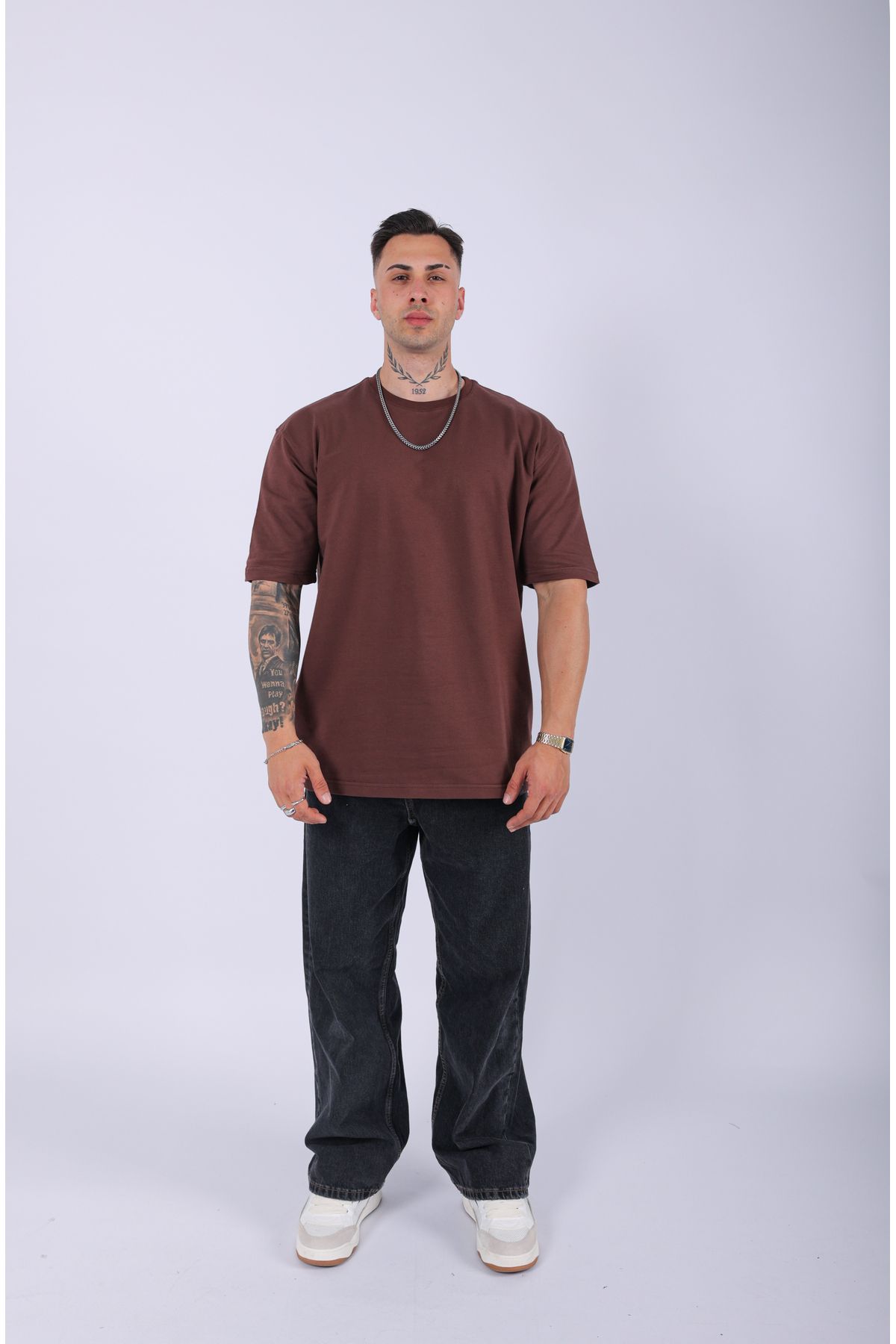 Lescho UNISEX %100 PAMUK OVERSIZE DÜZ T-SHIRT KAHVE