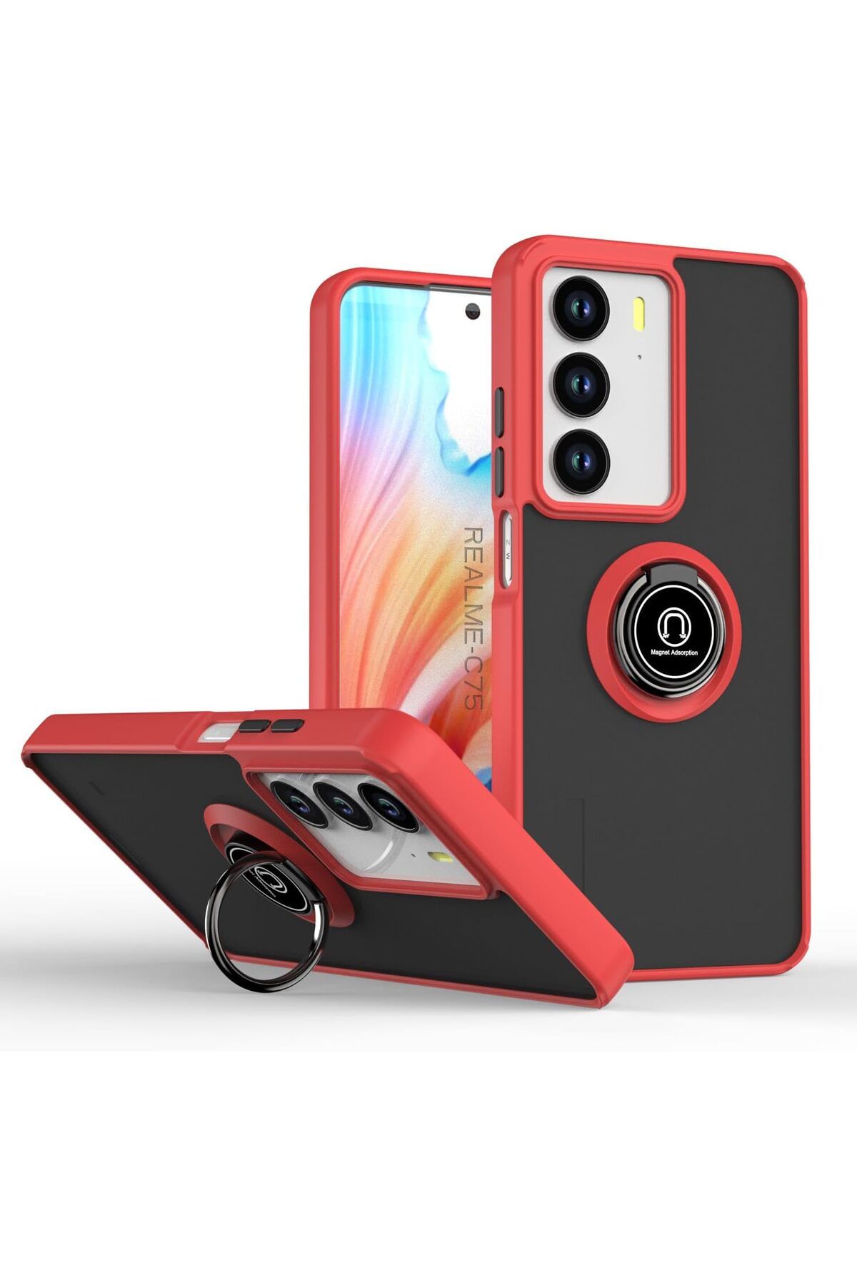 Rivor Realme C75 4G Uyumlu Kılıf Kamera Korumalı Standlı Buzlu Kenarları Renkli Yüzüklü Silikon Kapak