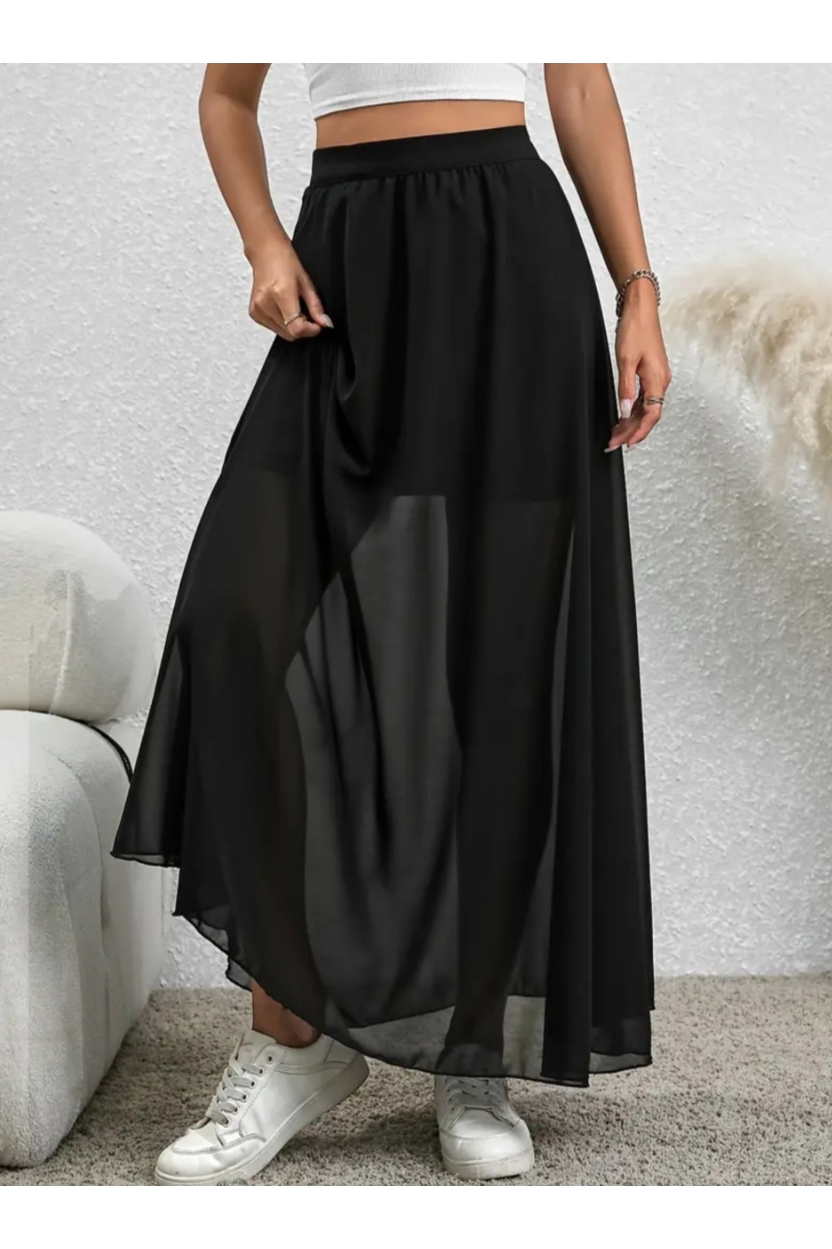 MAROVOAY  İçi mini etek detaylı Tül uzun kloş etek - Görsel 3