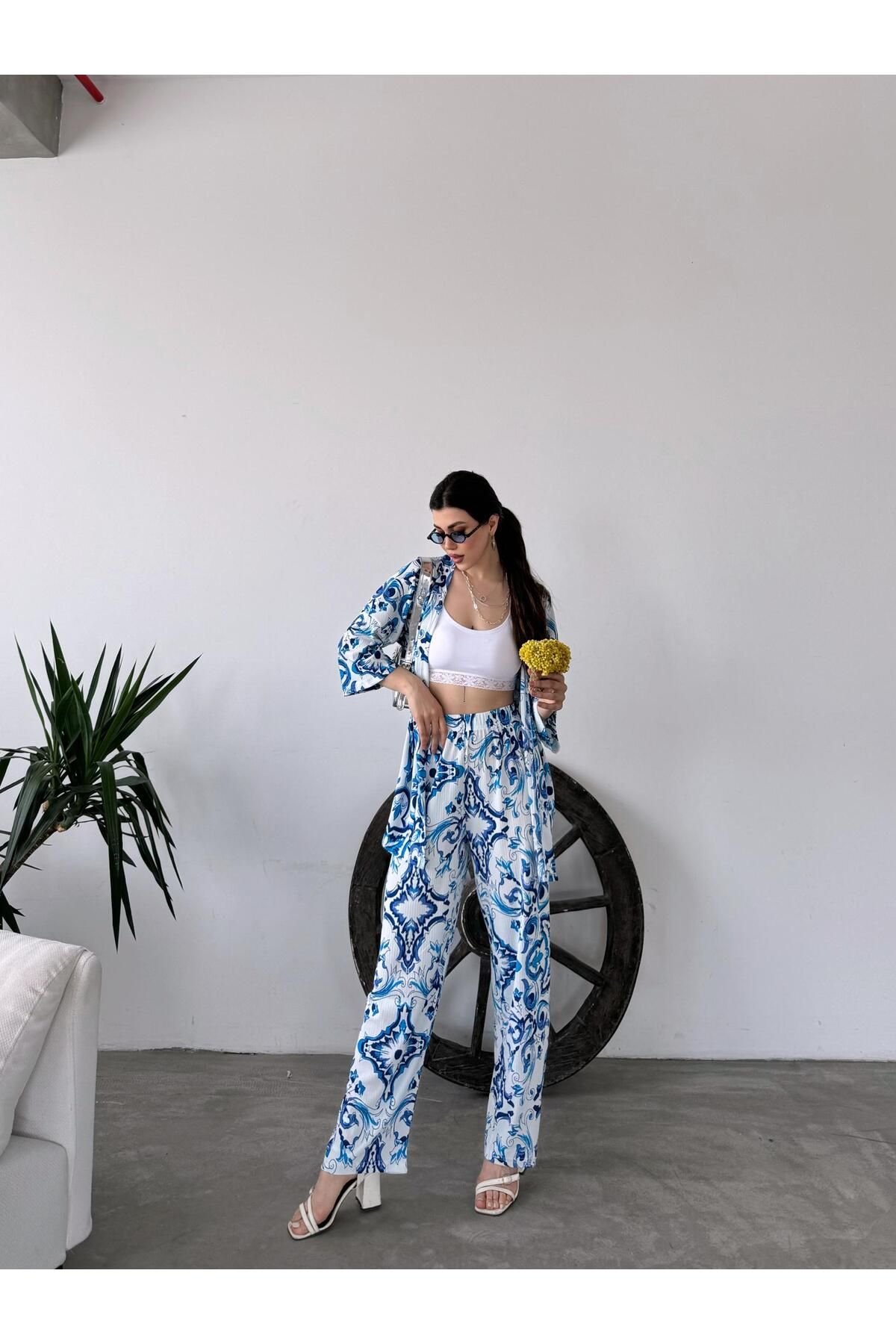 blueb Desenli Kimono Ve Pantolon İkili Takım