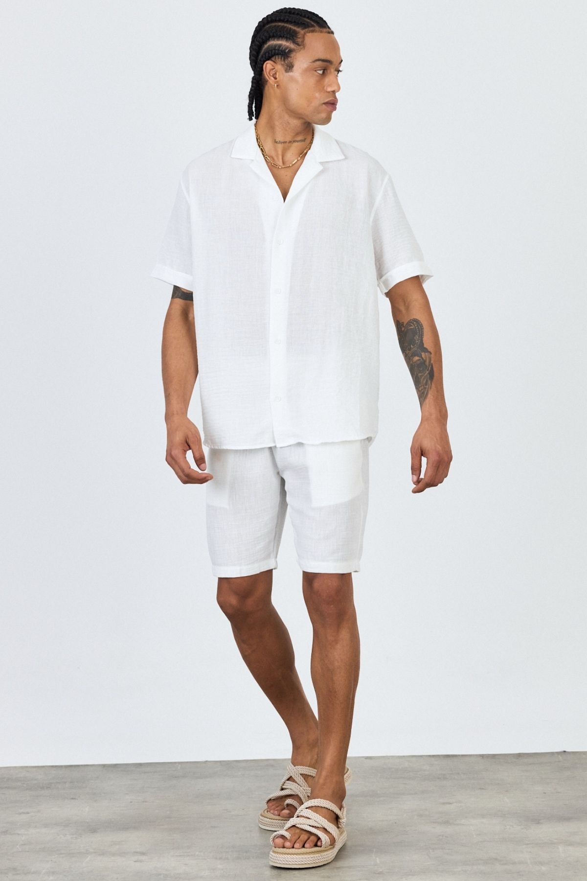 MADZEYMODA-Premium Men's Woven Shirt & Shorts White Bottom Top Set Ls-5605 5