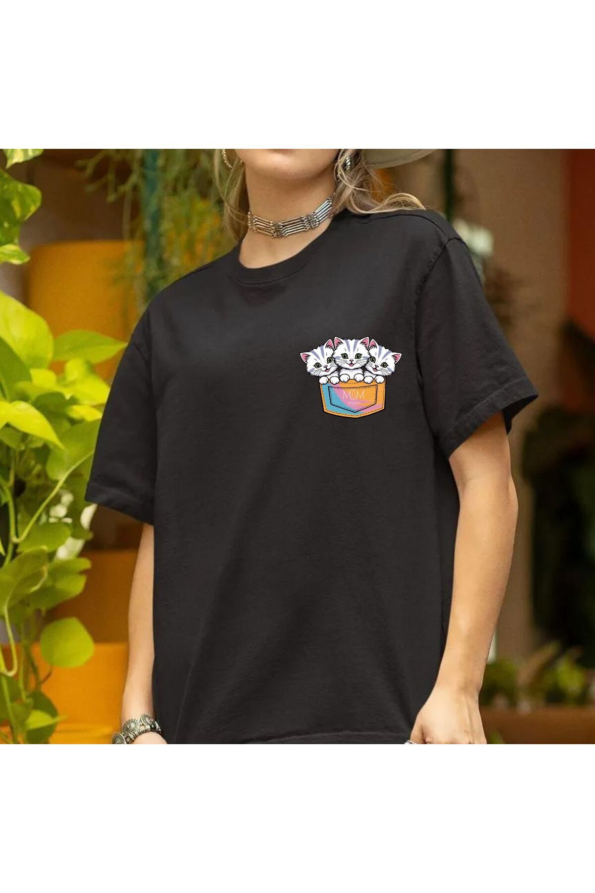 Mi&Mu Store Süprem Unisex T-Shirt Bisiklet Yaka Küçük Sevimli Kediler Baskılı Regular Pamuk Basic T-Shirt