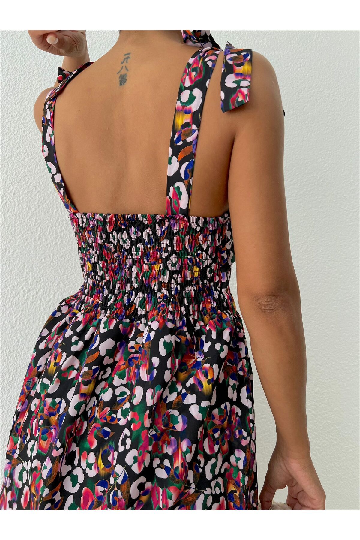 mass fashion Kadın Gipeli Askısı Bağcıklı Leopar Desenli Kısa Elbise