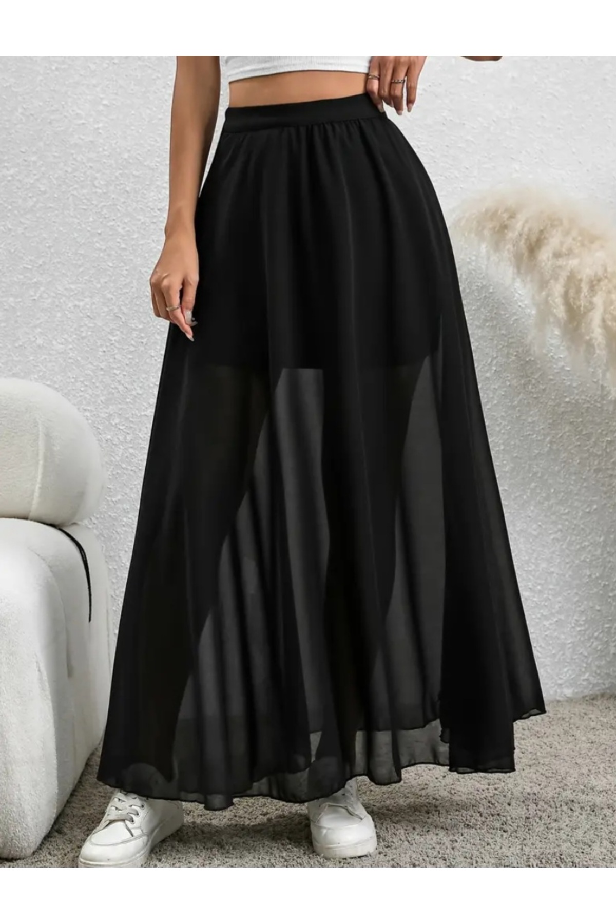 MAROVOAY  İçi mini etek detaylı Tül uzun kloş etek - Görsel 2