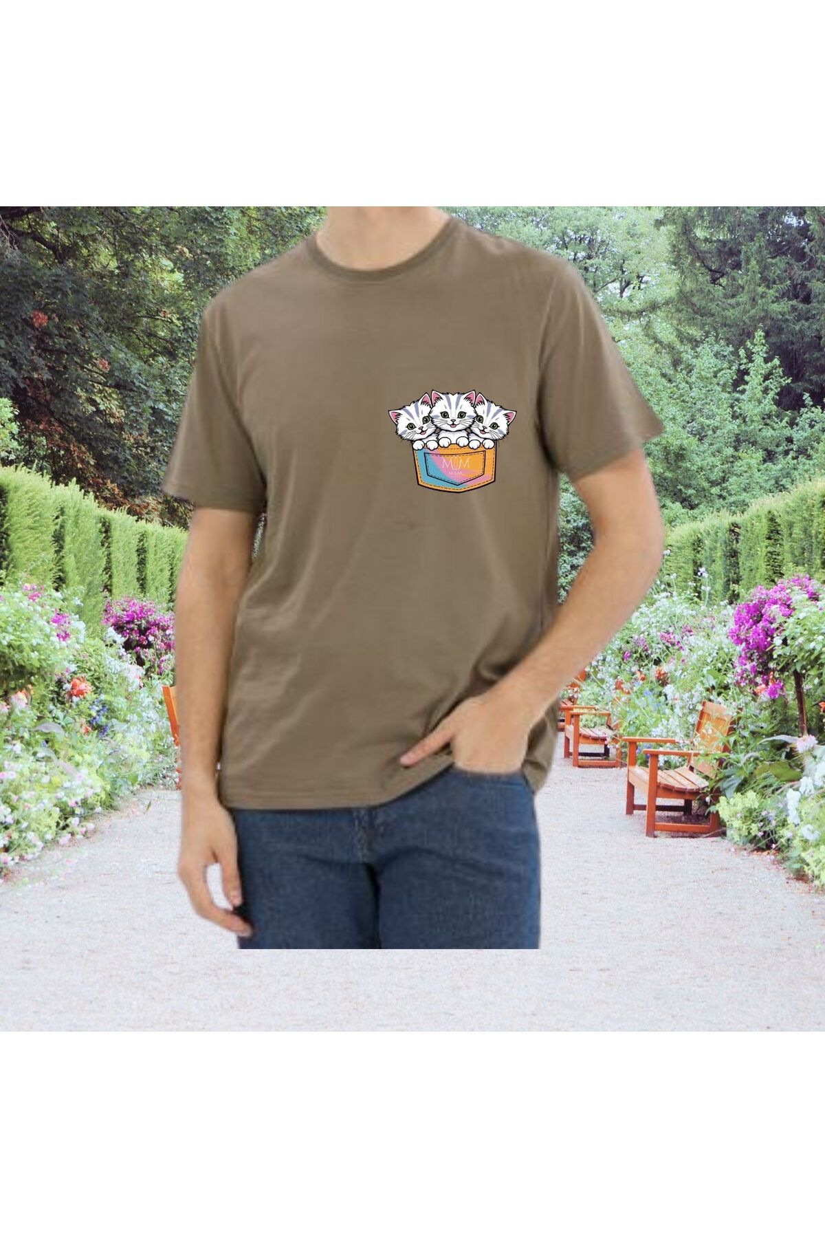 Mi&Mu Store Süprem Unisex T-Shirt Bisiklet Yaka Küçük Sevimli Kediler Baskılı Regular Pamuk Basic T-Shirt
