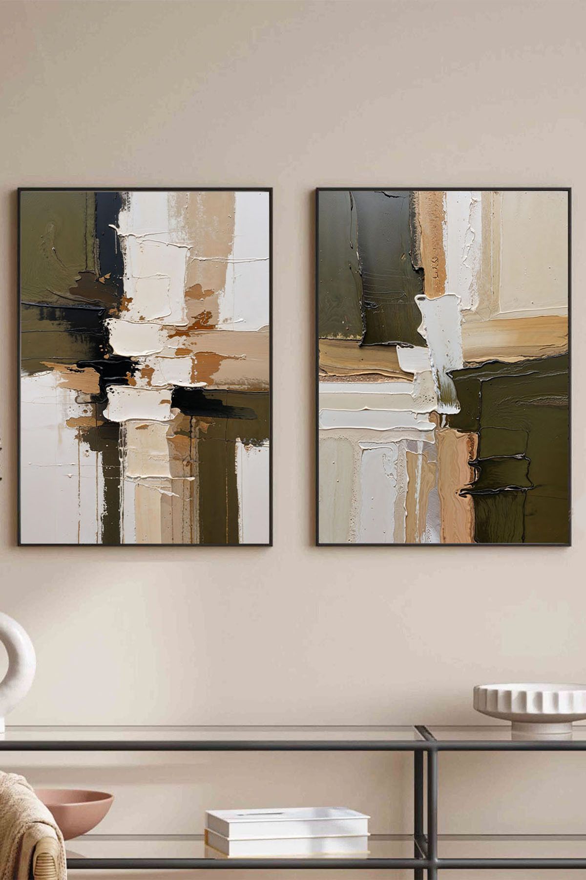 Artte Bej Kahverengi Yeşil Tonlarında 2’li Modern Soyut Tablo