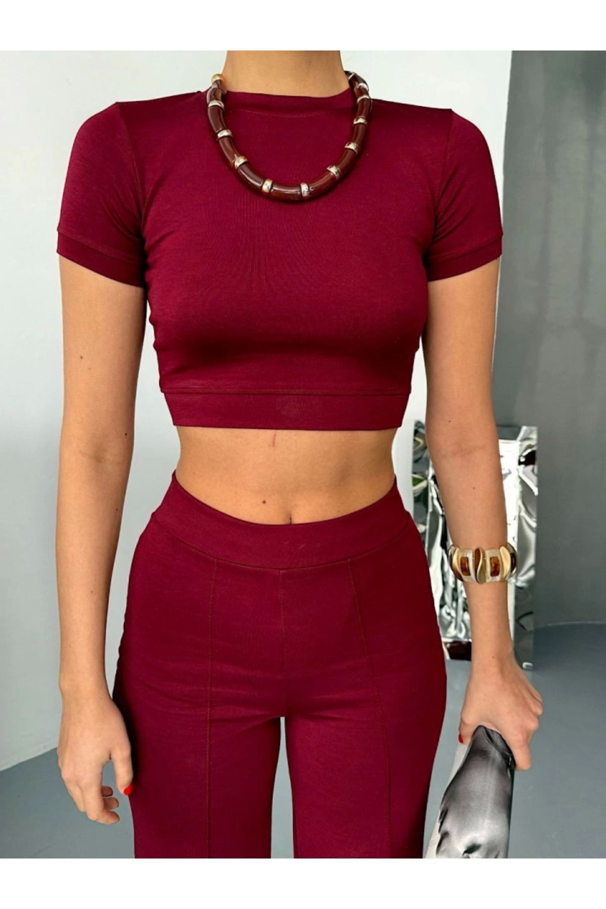 modaserdem-Osy Modal Soft Textured Fabric Short Sleeve Crop Bottom Flared Leg Trousers Double Set - B 3