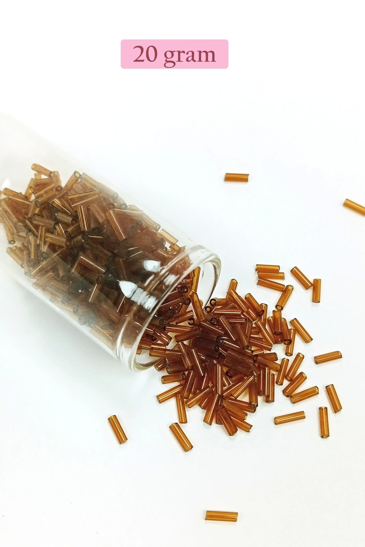 PRATİKOBA Uzun Boru Kesme Boncuk Çap 2mm Uzunluk 10 mm - 20 Gram - Şeffaf Kahverengi - BNC246